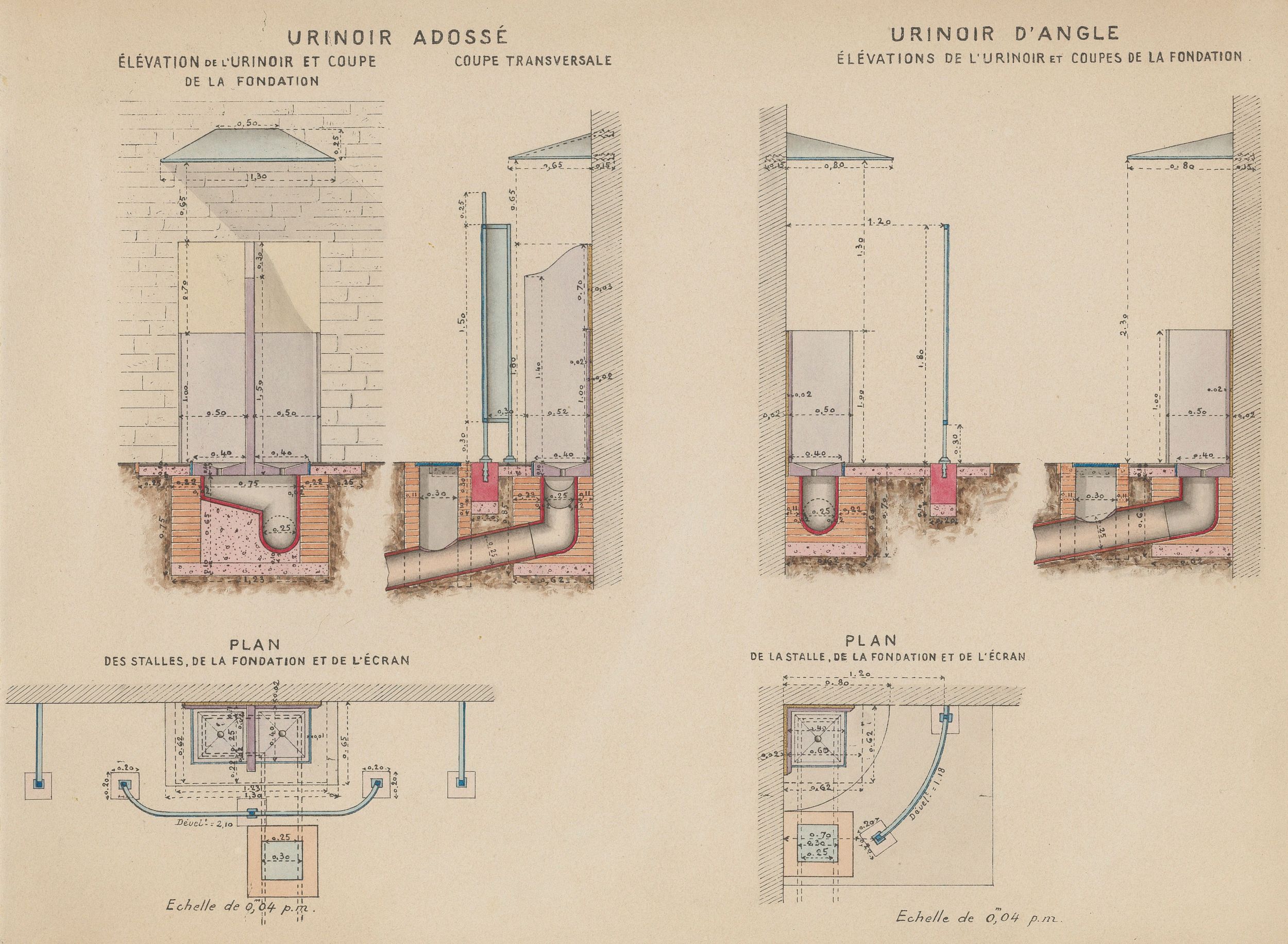  Urinoir adossé à deux stalles et urinoir d'angle (plan) : dessins manuscrits couleur sur papier cartonné par le Service municipal de la voirie (1914-1915, 3SAT/24/6)