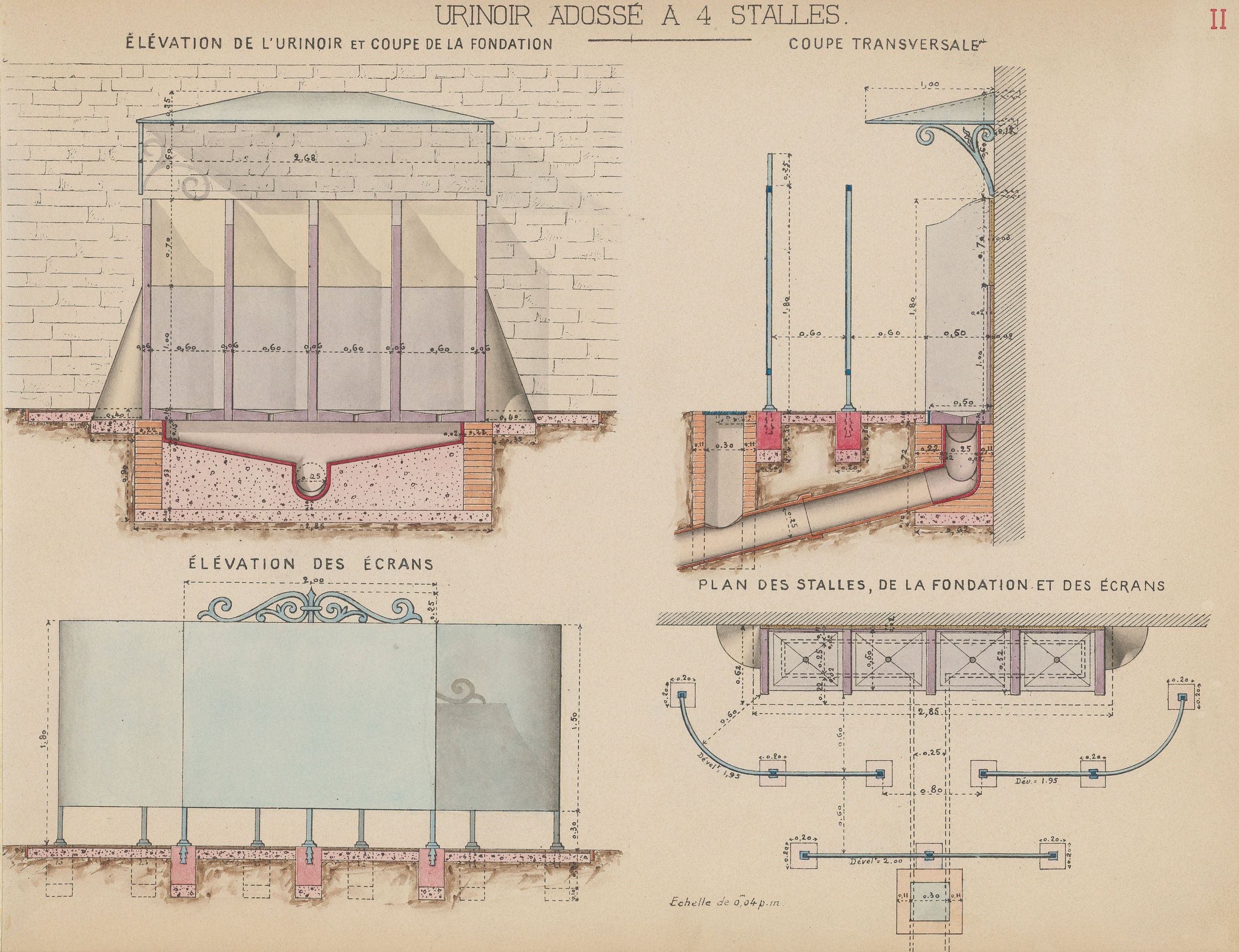 Urinoir adossé à quatre stalles (plan) : dessins manuscrits couleur sur papier cartonné par le Service municipal de la voirie (1914-1915, 3SAT/24/7)