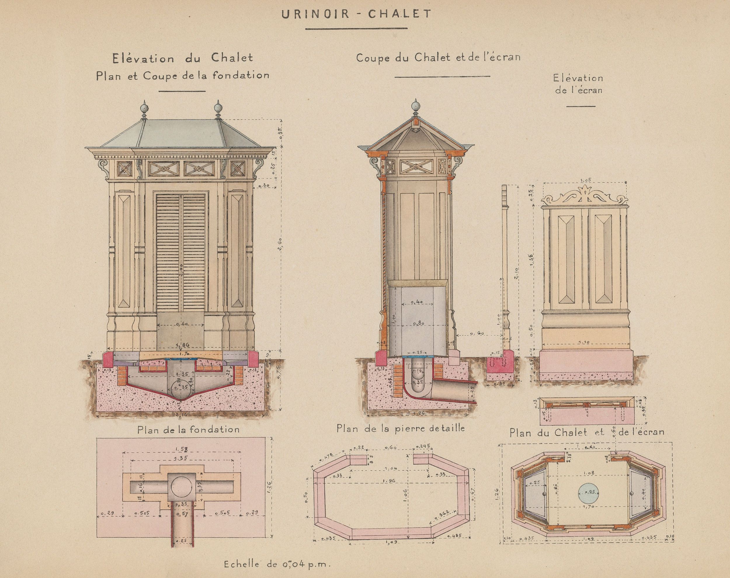 Urinoir-chalet (plan) : dessins manuscrits couleur sur papier cartonné par le Service municipal de la voirie (1914-1915, 3SAT/24/8)