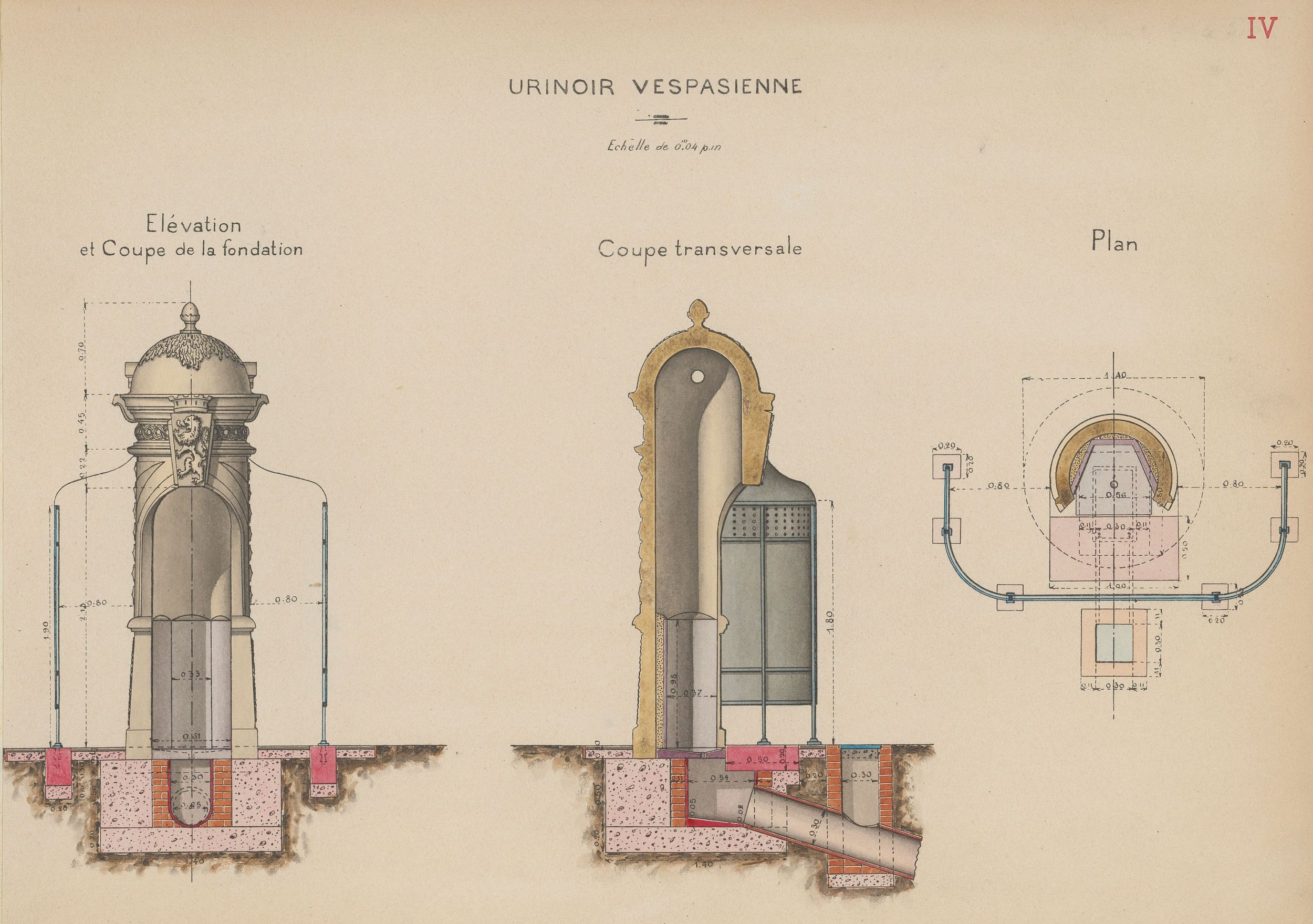 Urinoir vespasienne (plan) : dessins manuscrits couleur sur papier cartonné par le Service municipal de la voirie (1914-1915, 3SAT/24/9)