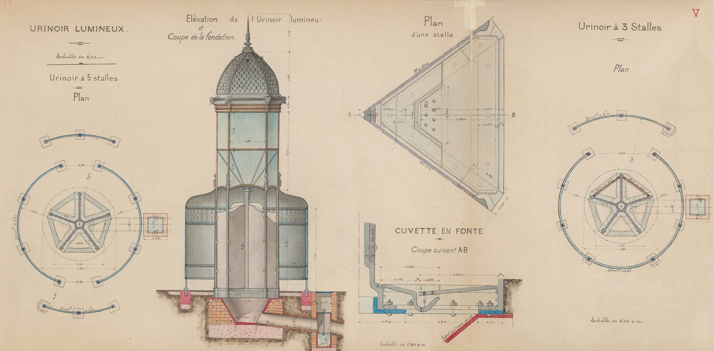 Urinoir lumineux (plan plié en 2) : dessins manuscrits couleur sur papier cartonné par le Service municipal de la voirie (1914-1915, 3SAT/24/10)