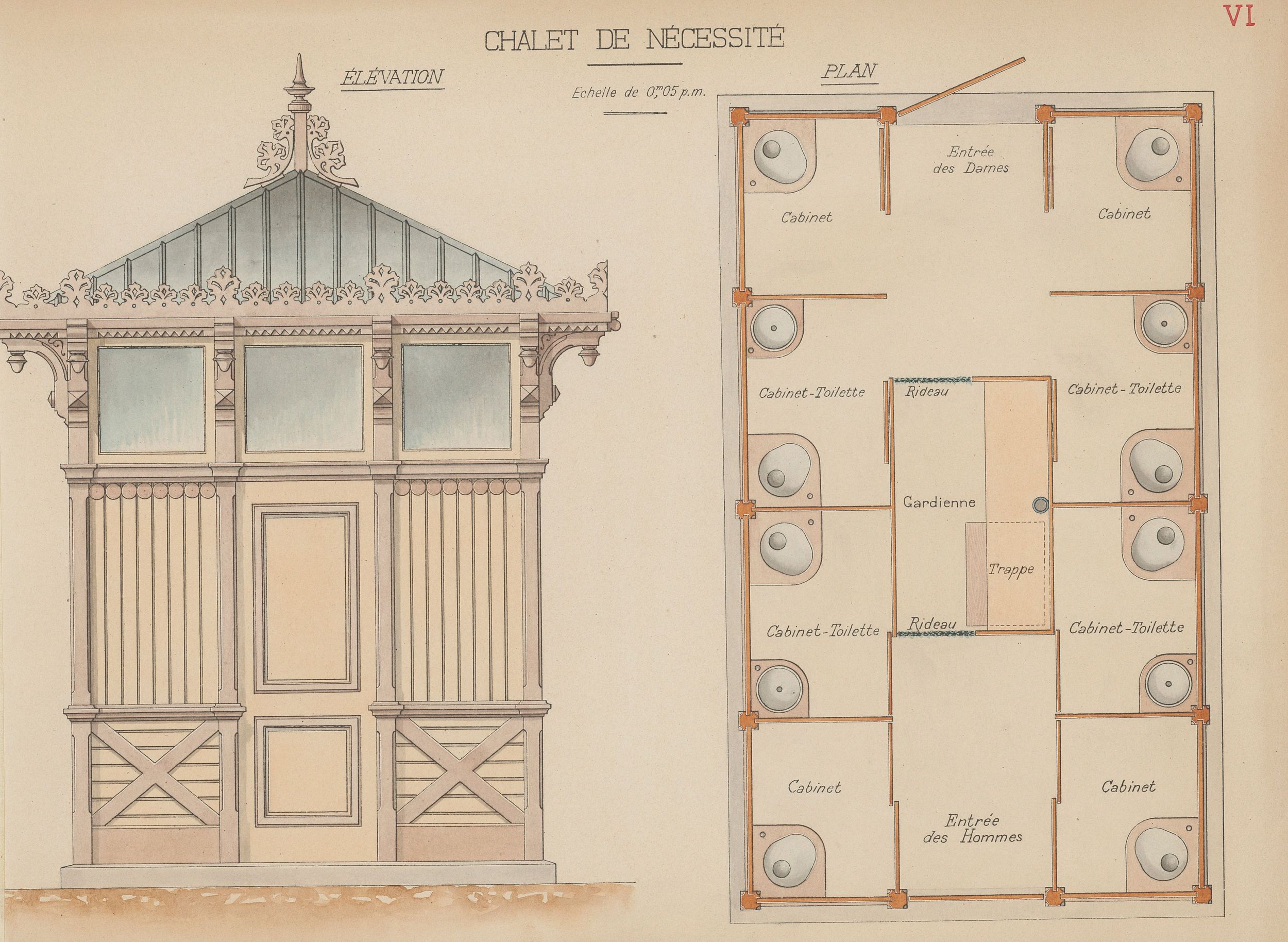 Chalet de nécessité (plan) : dessins manuscrits couleur sur papier cartonné par le Service municipal de la voirie (1914-1915, 3SAT/24/11)