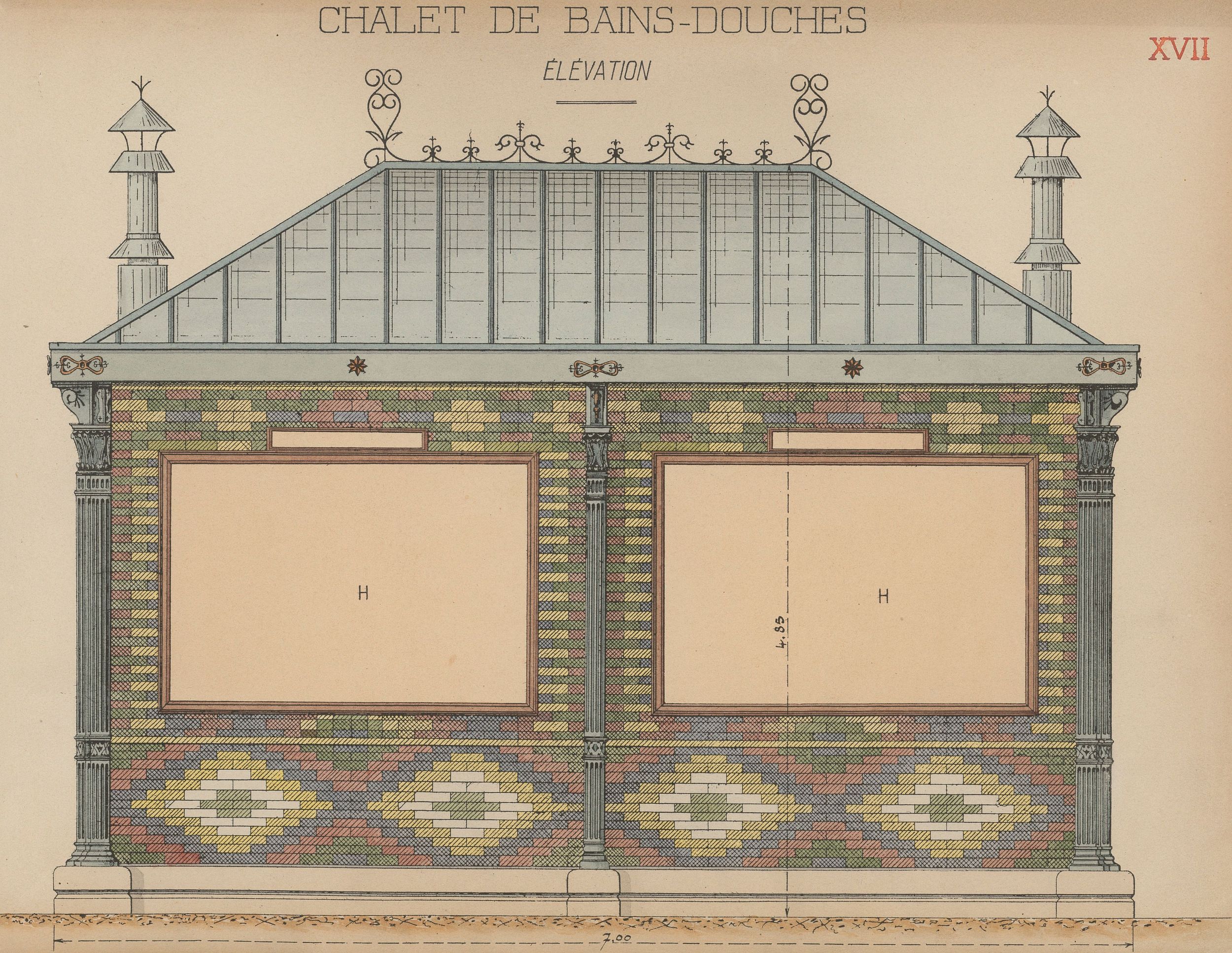 Chalet de bains-douches élévation (plan) : dessin manuscrit couleur sur papier cartonné par le Service municipal de la voirie (1914-1915, 3SAT/24/20)