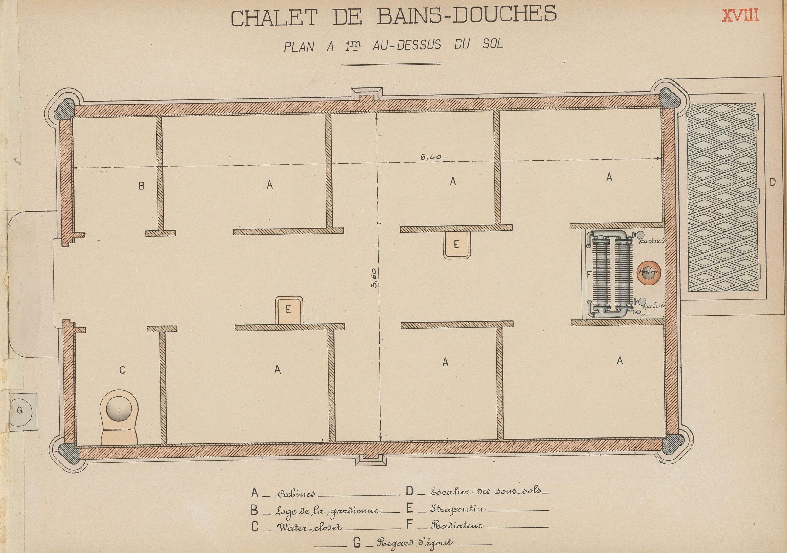 Chalet de bains-douches, plan à 1m au-dessus du sol (plan) : dessin manuscrit couleur sur papier cartonné par le Service municipal de la voirie (1914-1915, 3SAT/24/21)
