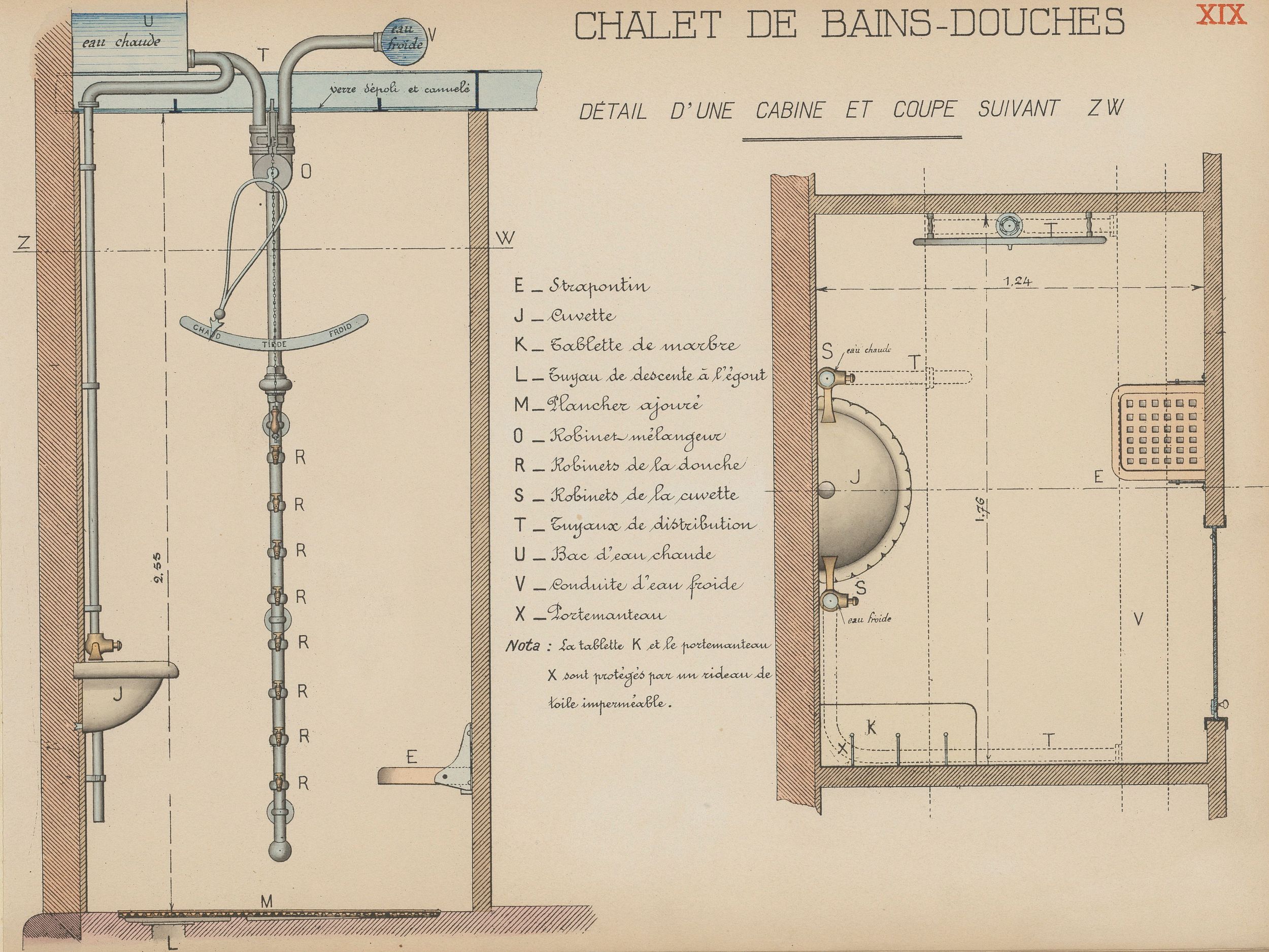 Chalet de bains-douches : dessins manuscrits couleur sur papier cartonné par le Service municipal de la voirie (1914-1915, 3SAT/24/22)
