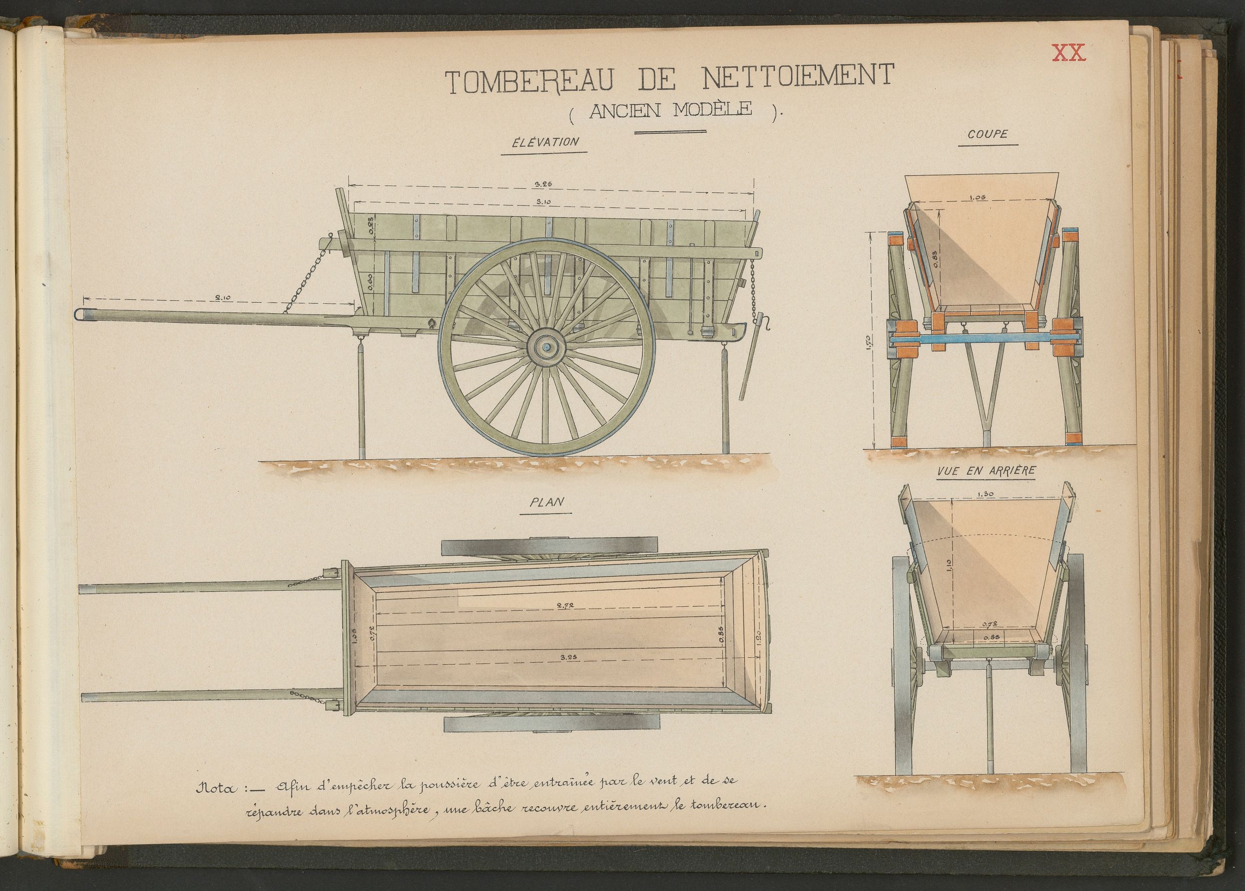 Tombereau de nettoiement ancien modèle : dessin manuscrit couleur (1914-1915, cote : 3SAT/24/23) 