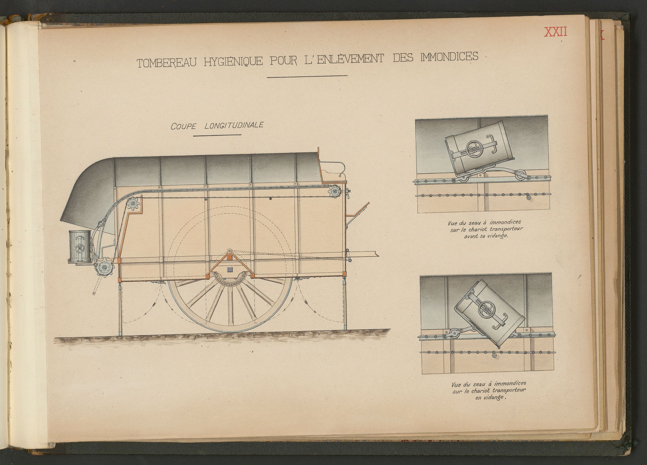 Tombereau hygiénique pour l'enlèvement des immondices : dessins manuscrits couleur (1914-1915, cote : 3SAT/24/25)