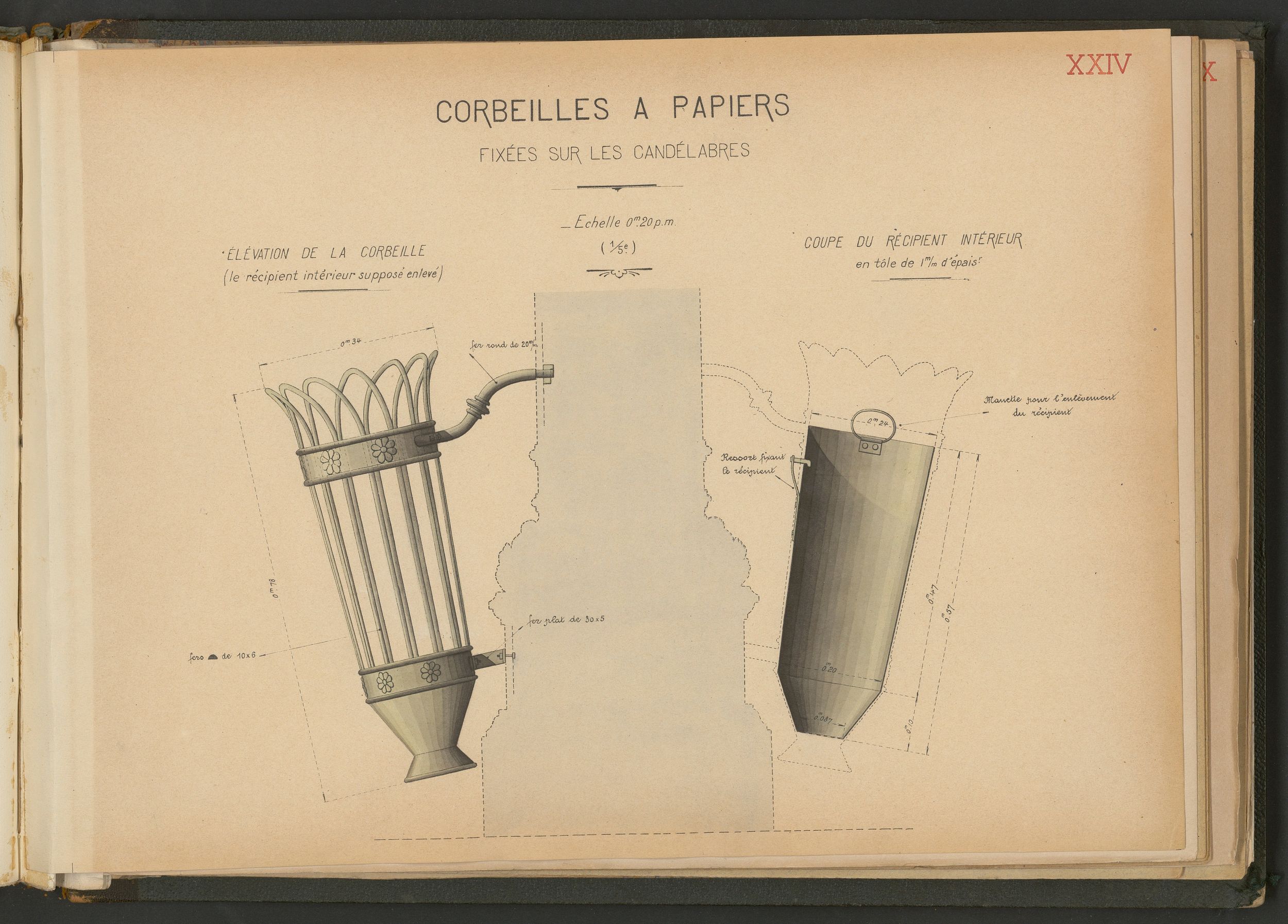 Corbeilles à papier fixées sur les candélabres : dessins manuscrits couleur (1914-1915, cote : 3SAT/24/27)