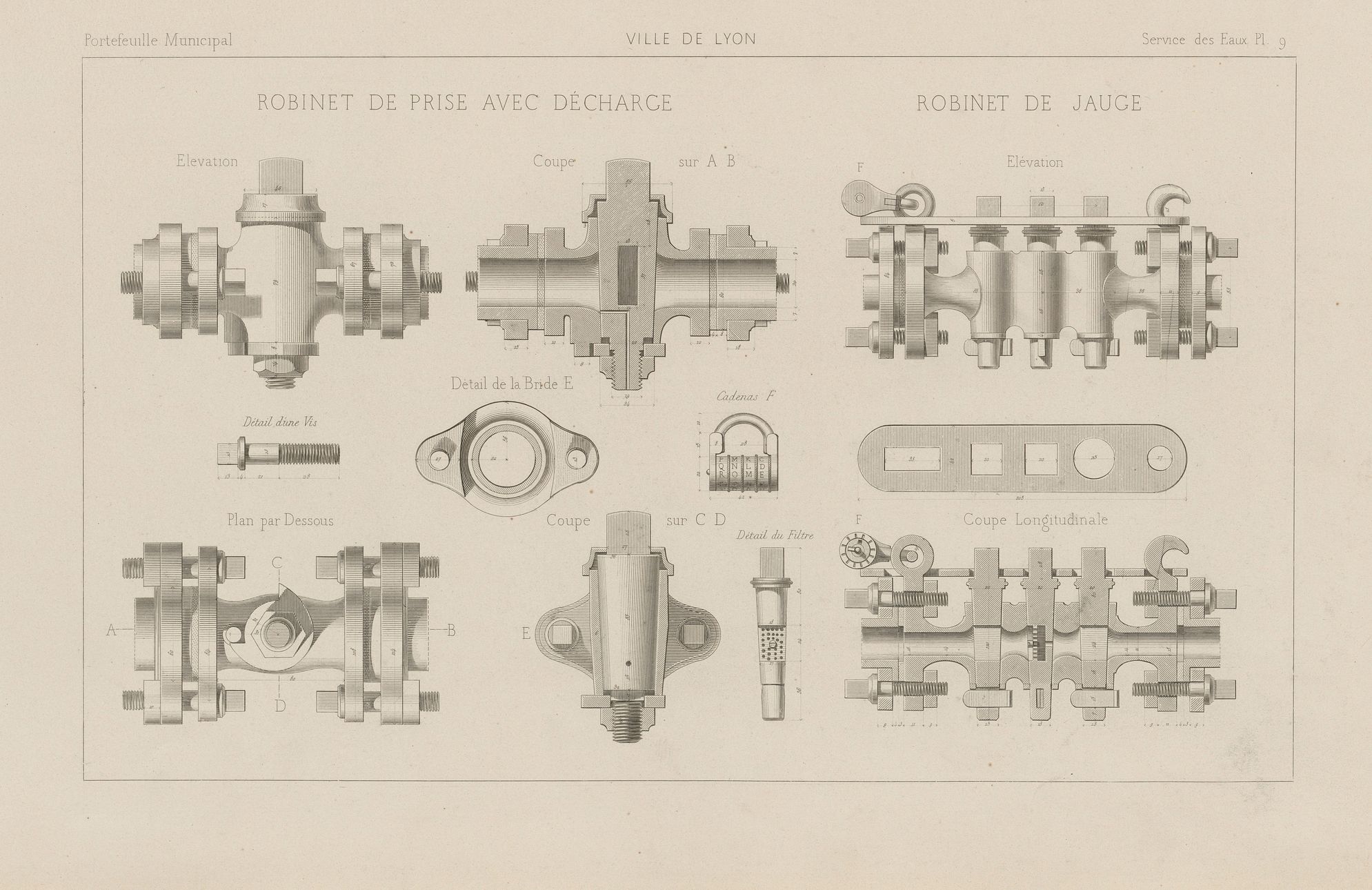 Robinet de prise avec décharge et robinet de jauge : plan en papier cartonné NB au burin et eau-forte par le Conseil municipal de la Ville de Lyon (1876, cote : 3SAT/8/12)