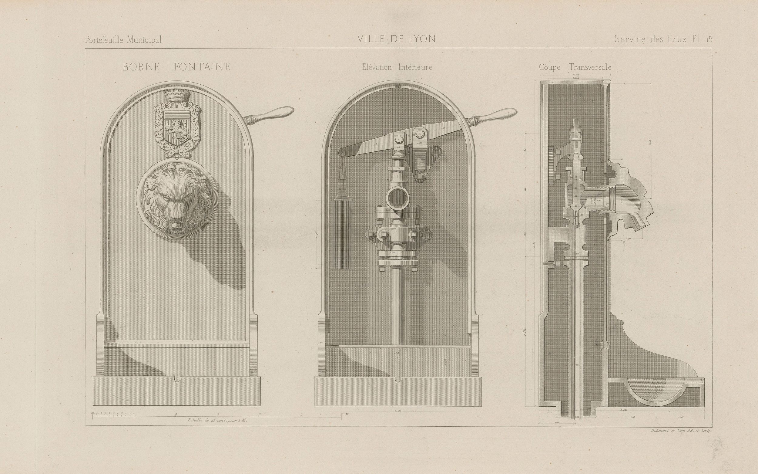 Borne fontaine : catalogue de pièces techniques et de mobilier urbain utilisés par les services des eaux et du gaz de la Ville de Lyon, sur papier cartonné NB au burin et eau-forte (1876, cote : 3SAT/8/18)