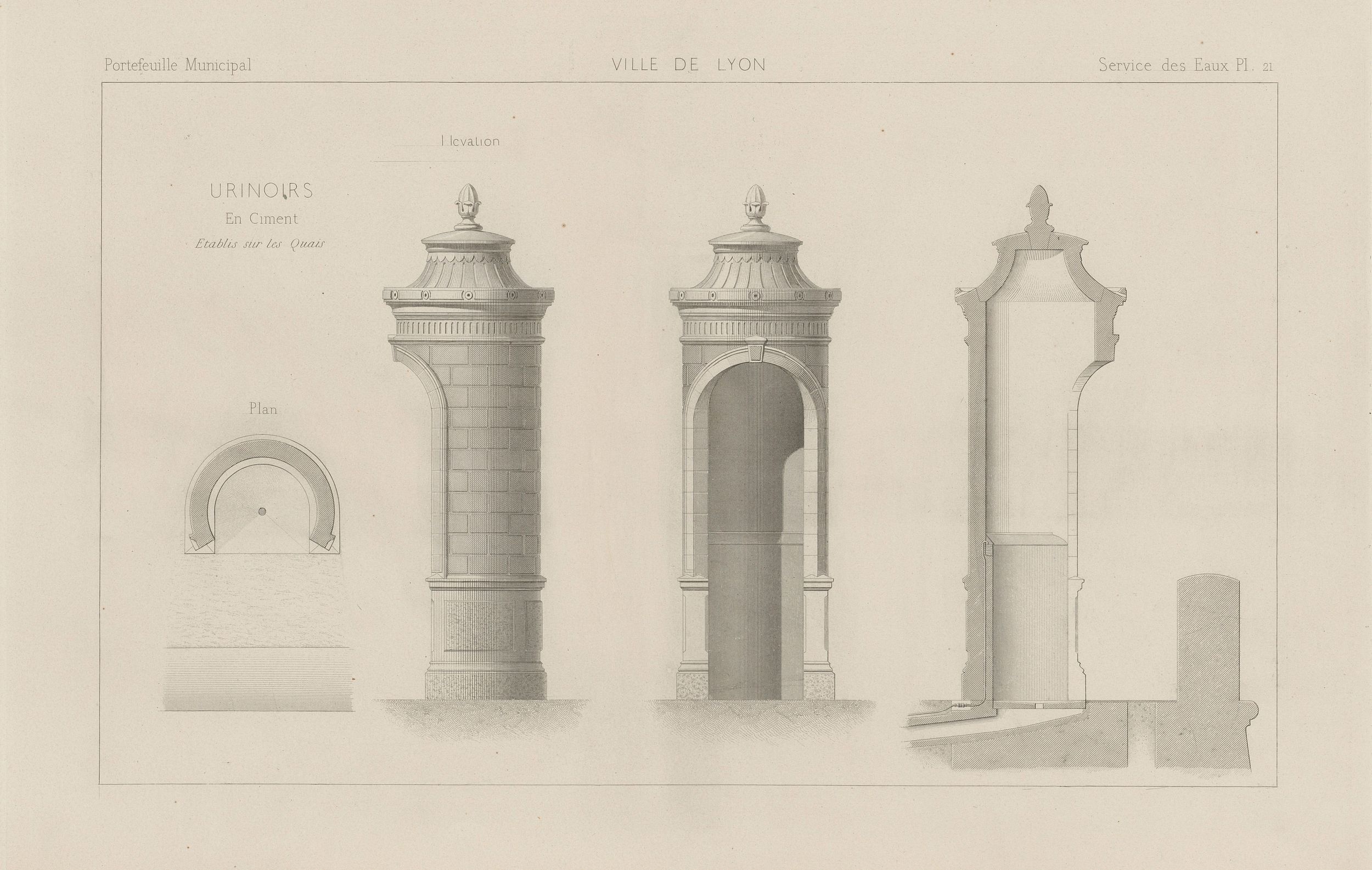 Urinoirs : catalogue de pièces techniques et de mobilier urbain utilisés par les services des eaux et du gaz de la Ville de Lyon, sur papier cartonné NB au burin et eau-forte (1876, cote : 3SAT/8/25)