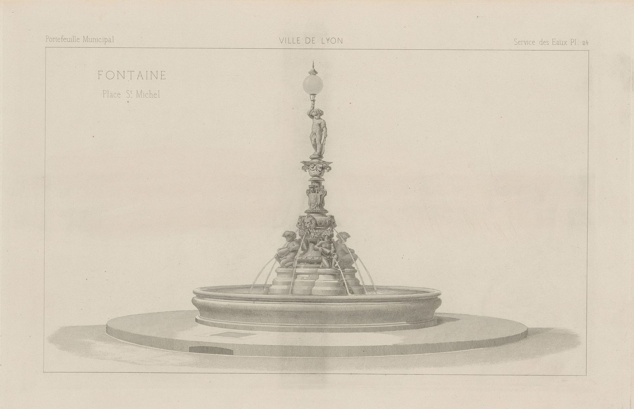 Fontaine place Saint-Michel : catalogue de pièces techniques et de mobilier urbain utilisés par les services des eaux et du gaz de la Ville de Lyon, NB au burin et à l'eau forte (1876, cote : 3SAT/8/28)