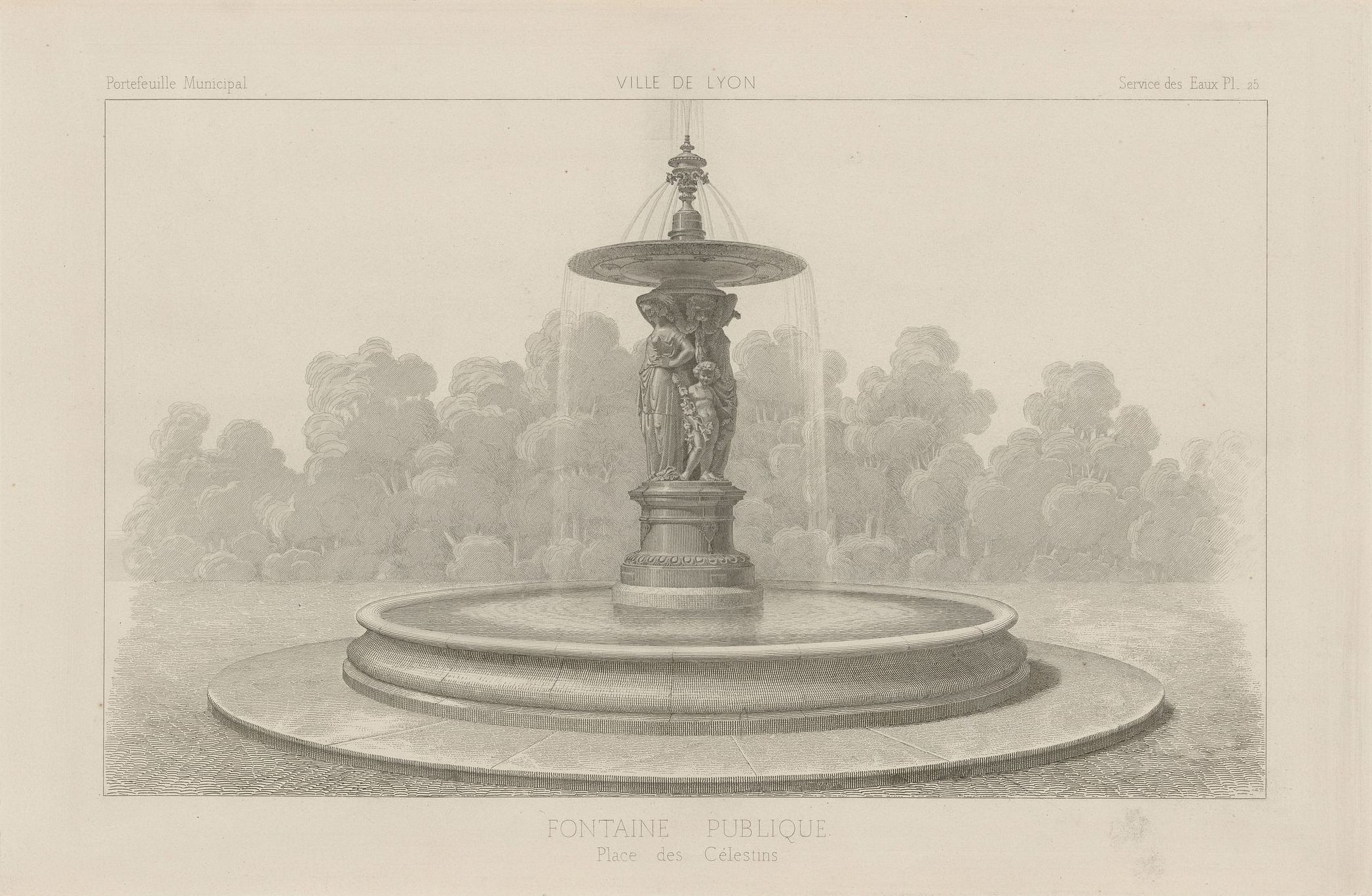 Fontaine publique place des Célestins : catalogue de pièces techniques et de mobilier urbain utilisés par les services des eaux et du gaz de la Ville de Lyon, NB au burin et à l'eau forte (1876, cote : 3SAT/8/29)