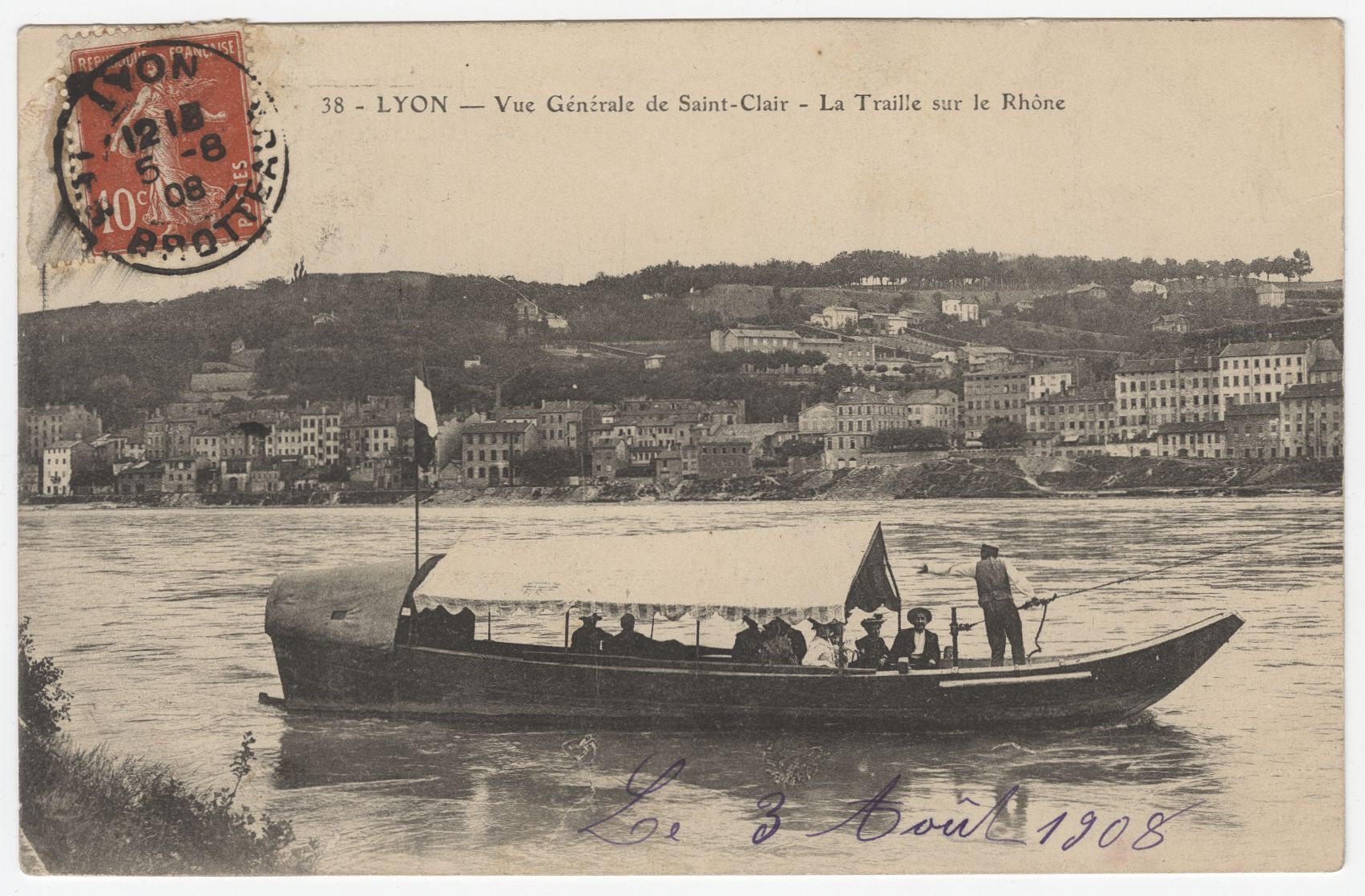  Vue générale de Saint-Clair. La traille sur le Rhône : carte postale (vers 1908, cote : 4FI/3352)