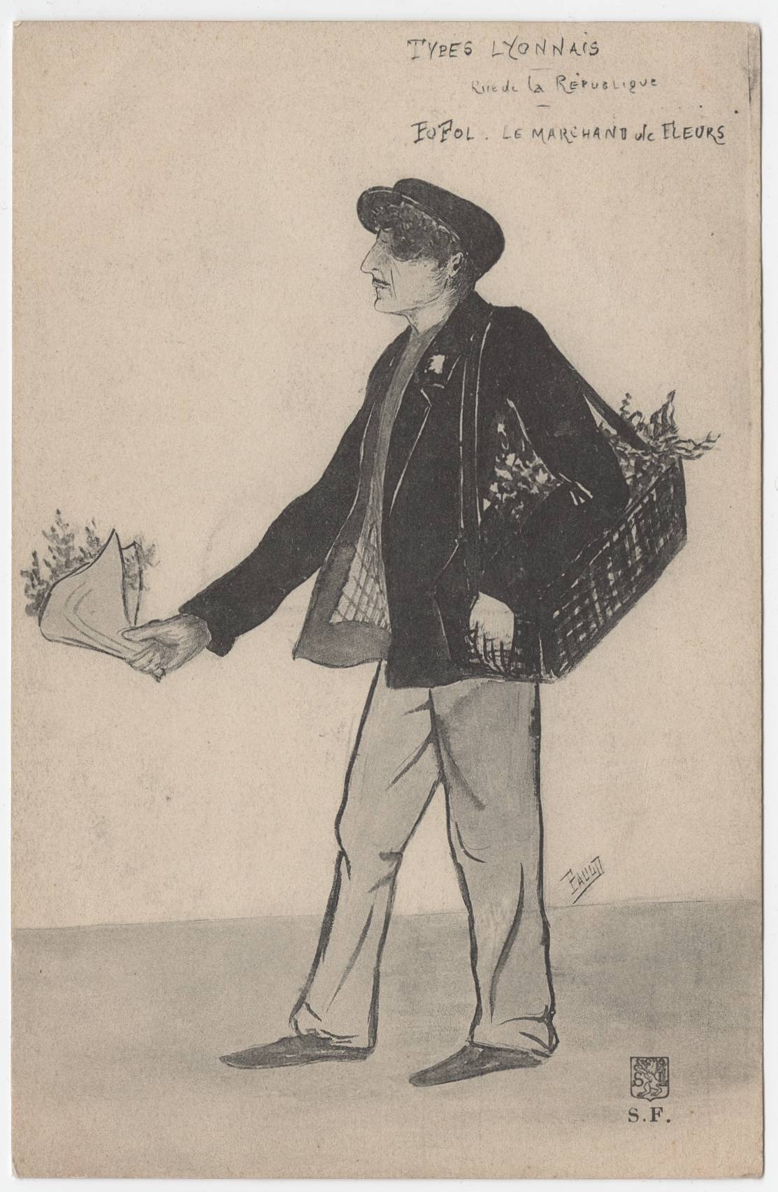 Types lyonnais - Rue de la République, Popol le marchand de fleurs : carte postale NB (vers 1910, cote : 4FI/4123)