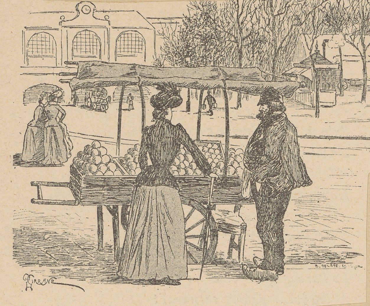 La marchande d'oranges de la place Perrache : typogravure NB par Gustave Garnier (1891-1892, cote : 63FI/13, détail)
