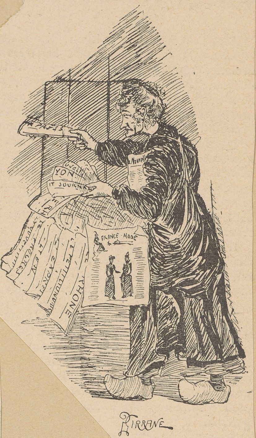 La marchande de journaux du pont de l'Hôtel-Dieu : typogravure NB par Gustave Garnier (1891-1892, cote : 63FI/13, détail)