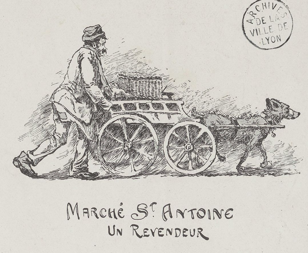 Un revendeur du marché Saint-Antoine : typogravure NB par Gustave Garnier (09/10/1892, cote : 63FI/28, détail)