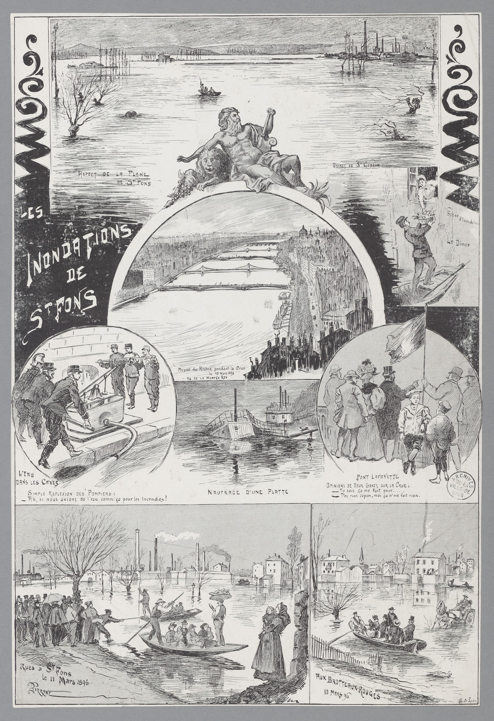 Inondation de Saint-Fons de mars 1896 : estampe de Gustave Garnier, paru dans Le Progrès Illustré (22/03/1896, cote : 63FI/71)