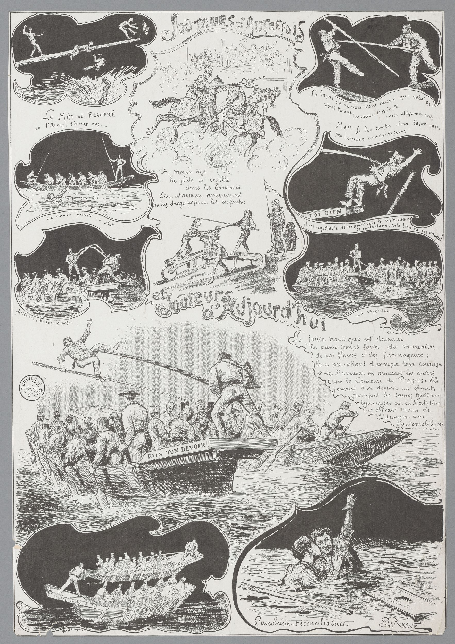 Propos des joutes nautiques du "Progrès" - joûteurs d'autrefois et joûteurs d'aujourd'hui : typogravure de Gustave Garnier paru dans Le Progrès Illustré (07/06/1903, cote : 63FI/140)