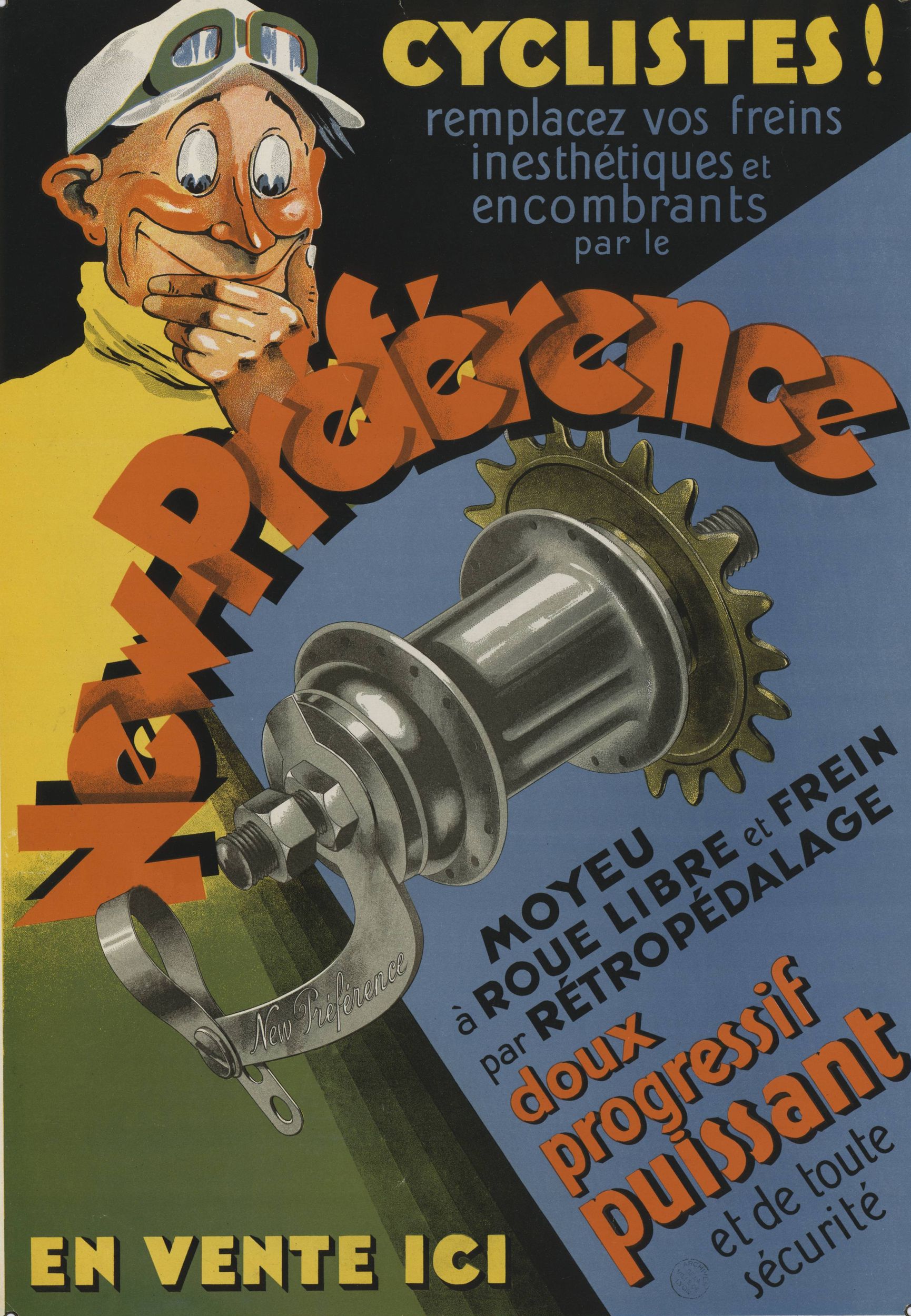 Cyclistes ! Remplacez vos freins inesthétiques et encombrants par le New-préférence : affiche publicitaire couleur (1900, cote : 6FI/3195)