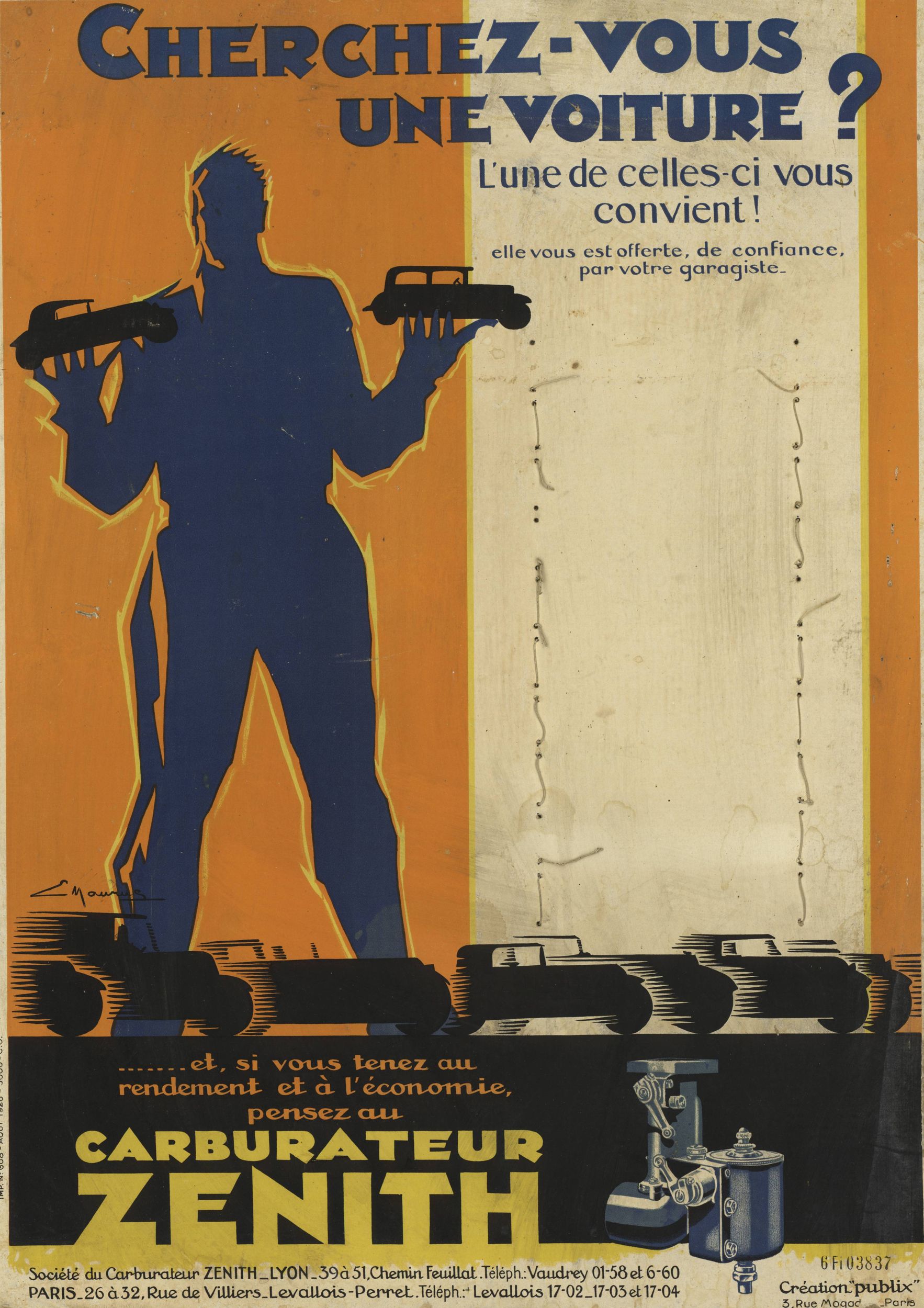 Cherchez-vous une voiture ? Pensez au carburateur Zénith, Lyon : affiche publicitaire couleur (1928, cote : 6FI/3837)