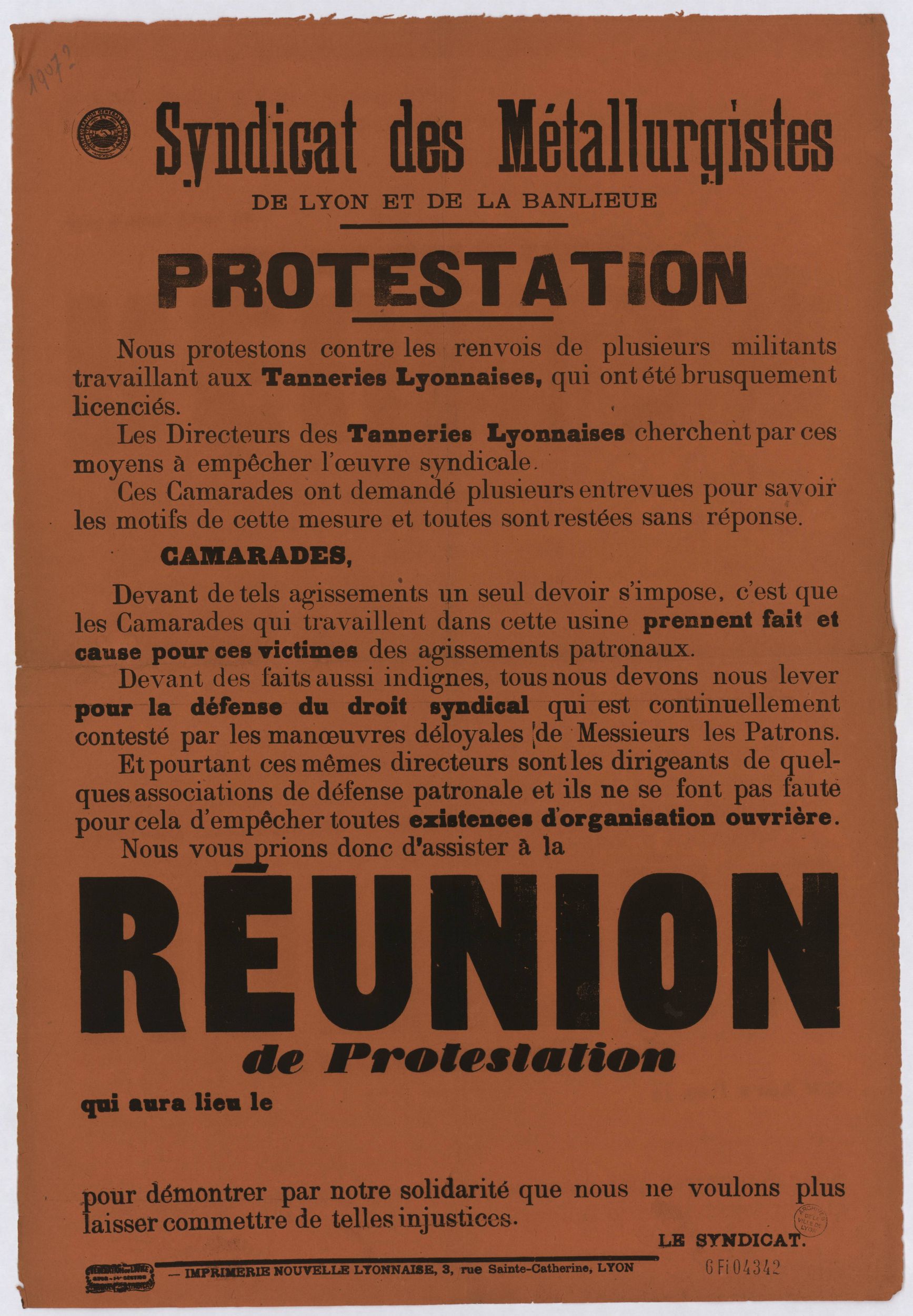 Syndicat des métallurgistes de Lyon et de la banlieue - Réunion de protestation : affiche syndicale (1907, cote : 6FI/4342)