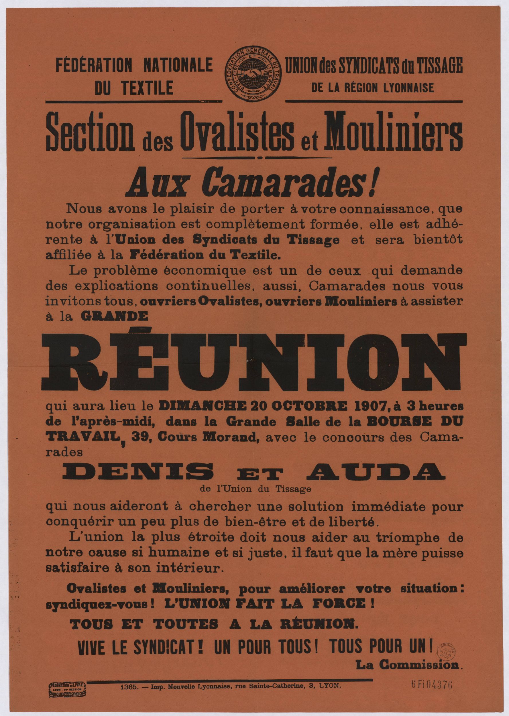 Fédération nationale du textile - Section des ovalistes et mouliniers, grande réunion : affiche syndicale (20/10/1907, cote : 6FI/4376)