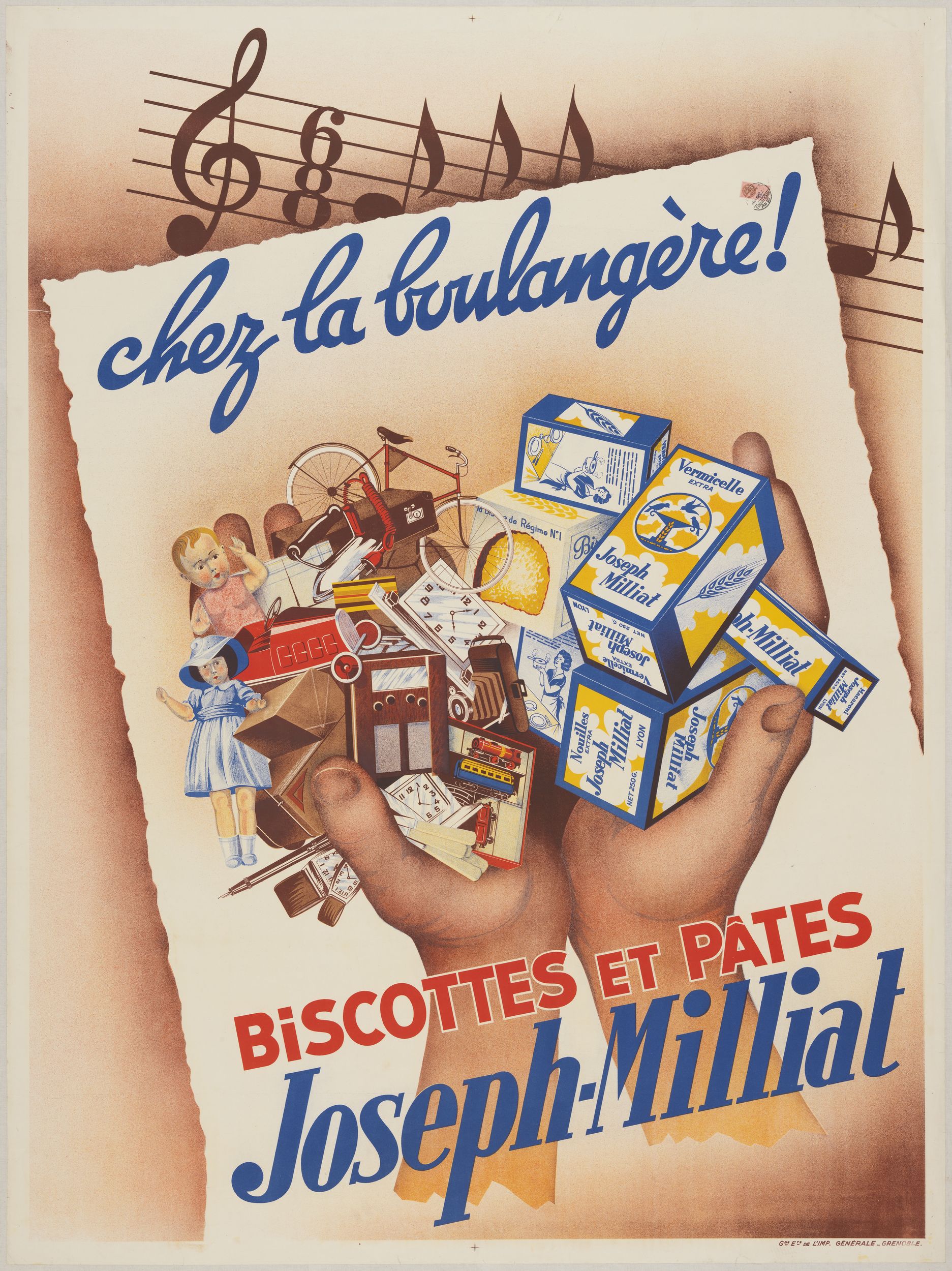 Chez la boulangère ! Biscottes et pâtes Joseph-Milliat : affiche publicitaire couleur très grand format (1938, cote : 7FI/2454)