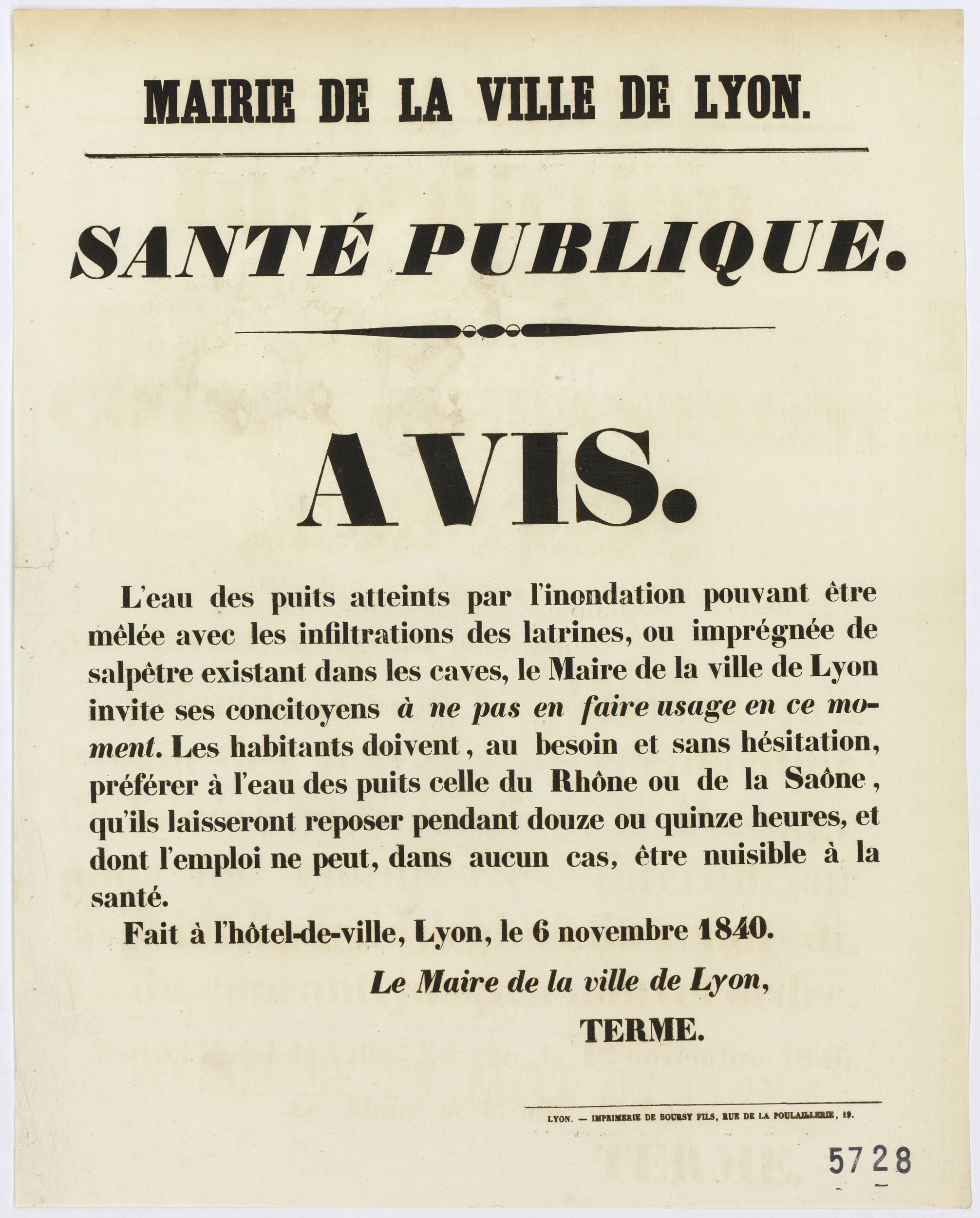 Crues du Rhône et de la Saône de novembre 1840 : avis de la mairie de la ville de Lyon, ne pas utiliser l'eau des puits en ce moment (06/11/1840, cote : 936W5728)