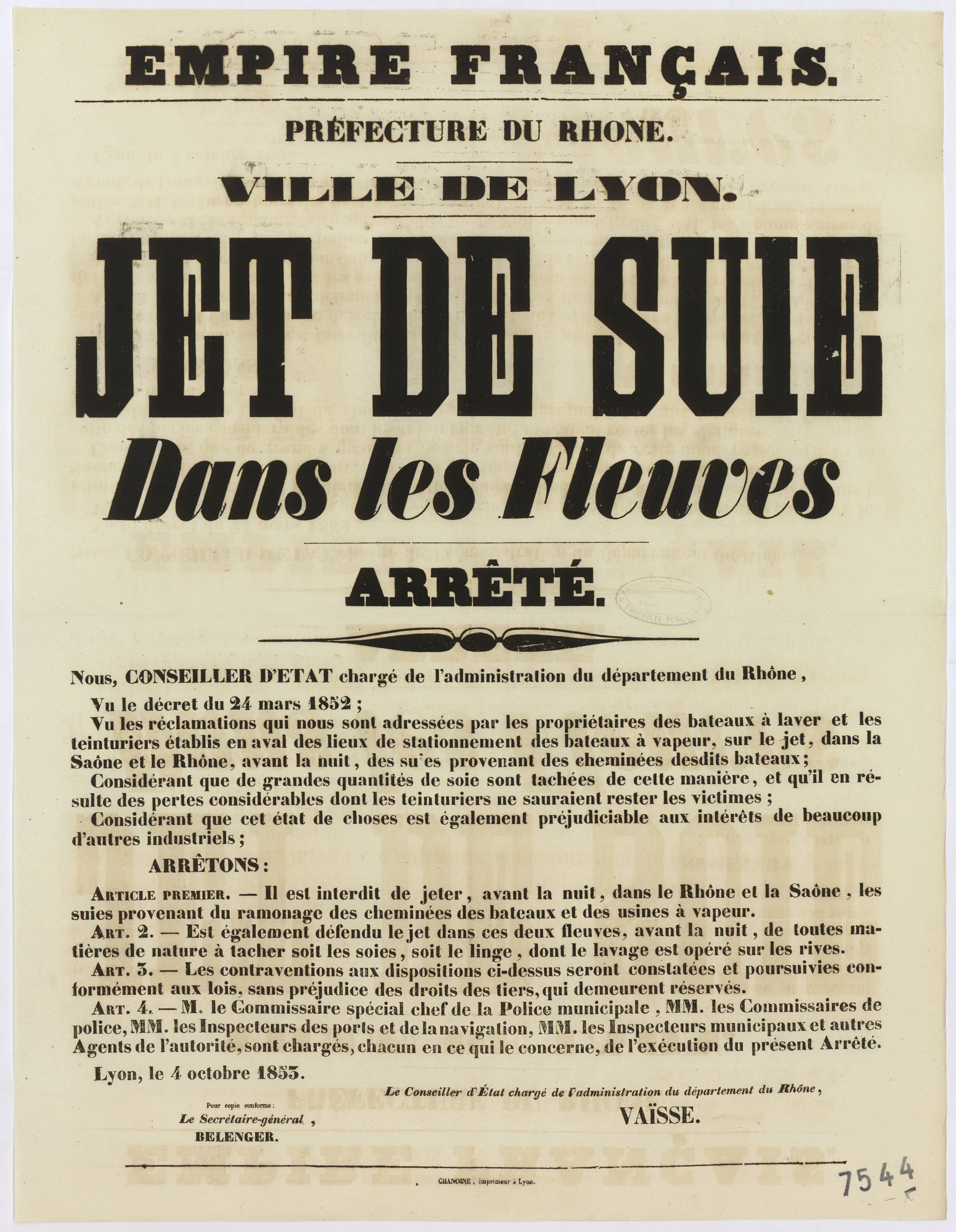 Arrêté du préfet concernant les jets de suie dans le Rhône et la Saône : affiche administrative (04/10/1853, cote : 936W7544)