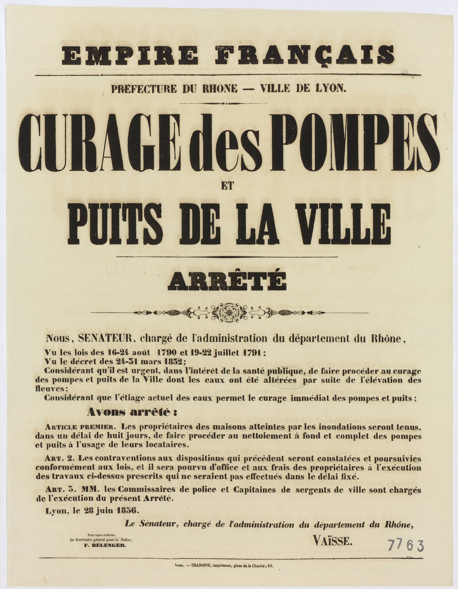 Crues du Rhône et de la Saône de mai 1856 : arrêté du préfet concernant le curage des pompes et des puits de la ville (28/06/1856, cote : 936W7763)