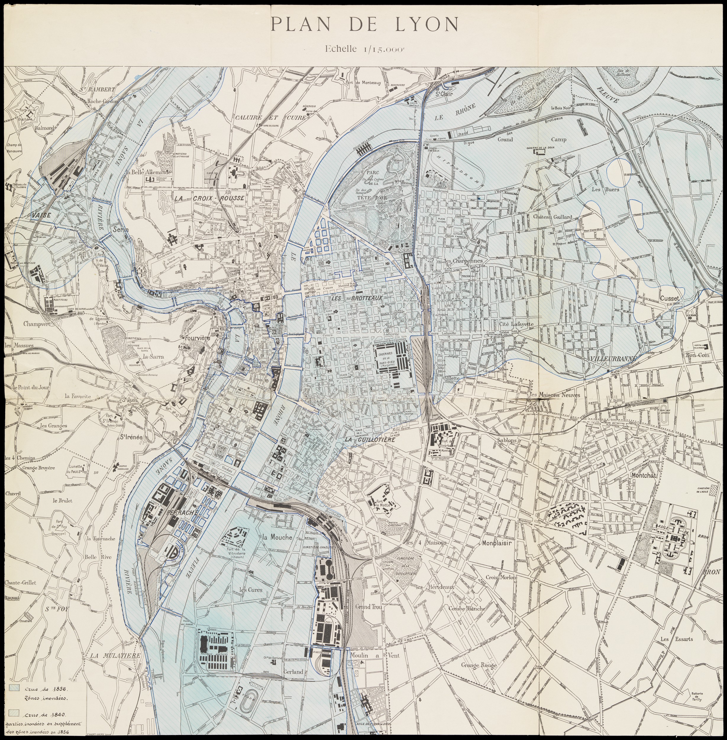 Projet d'extension et d'embellissement de la ville : plan des zones inondées en 1840 et en 1856 (entre 1936 et 1947, cote : 963WP/82)