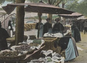 Lyon - Marché, quai des Célestins : carte postale colorisée (vers 1910, cote : 4FI/4086)
