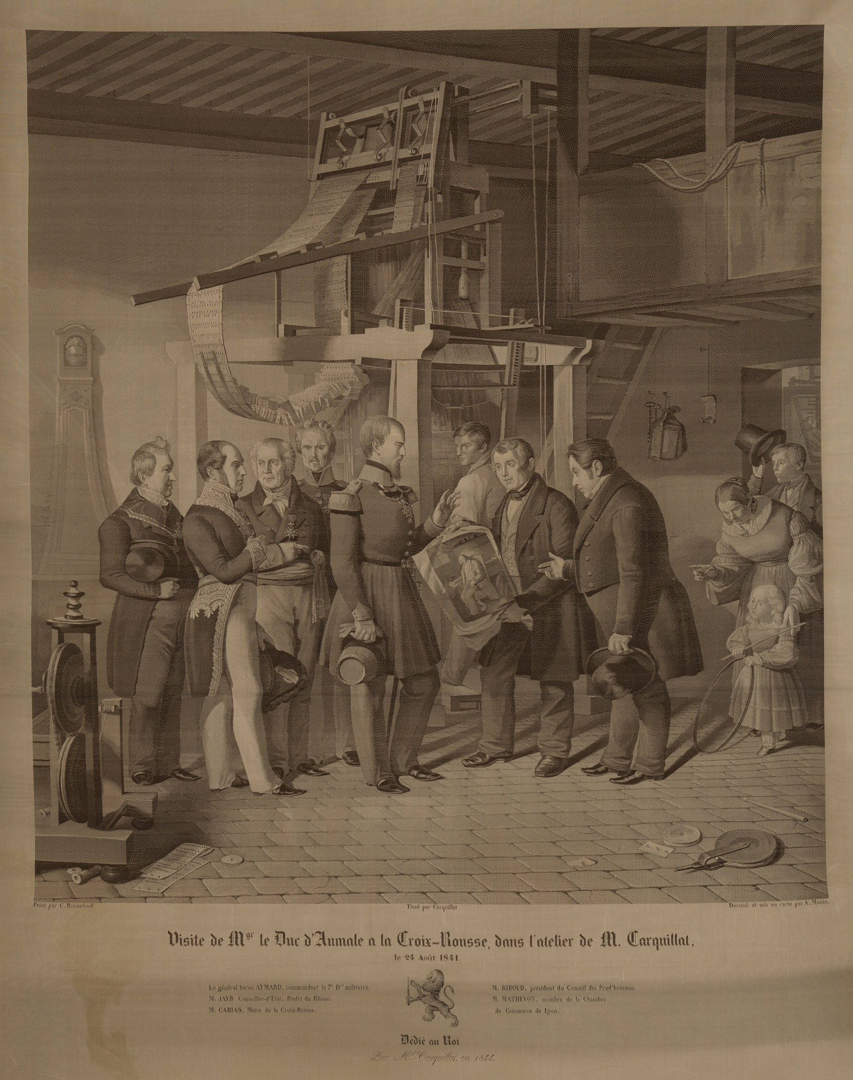 Visite du duc d'Aumale à la Croix-Rousse le 24/08/1841 : lampas lancé sur fond de taffetas (1844, coll. Académie SBLA de Lyon)