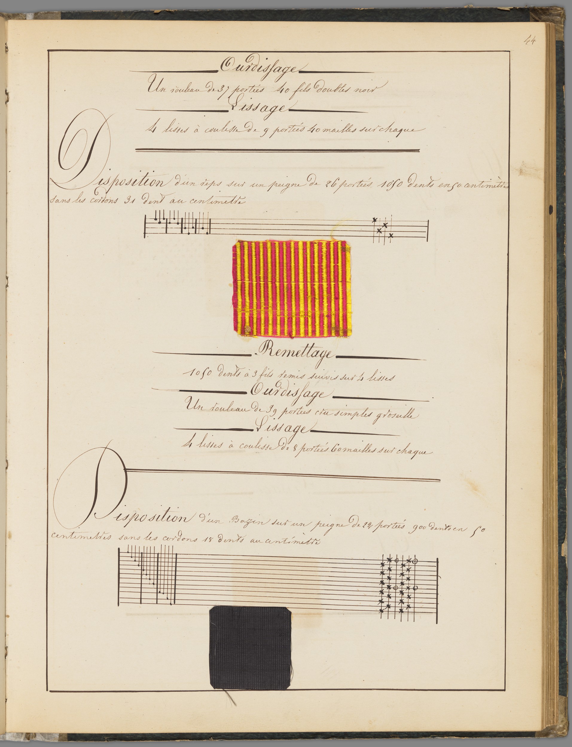 Principes de fabrique, disposition d'un pékin : extr. manuscrit avec échantillons de soie (XIXe siècle, Ms 165, coll. Académie SBLA de Lyon)
