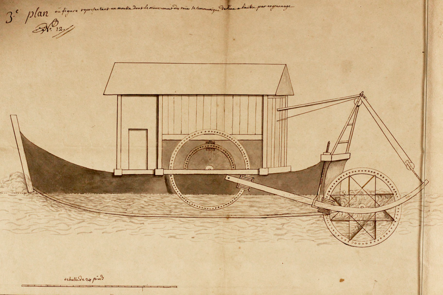 Concours sur le perfectionnement des moulins : dessin manuscrit NB par Dubost (1763, Ms 174, coll. Académie SBLA de Lyon)