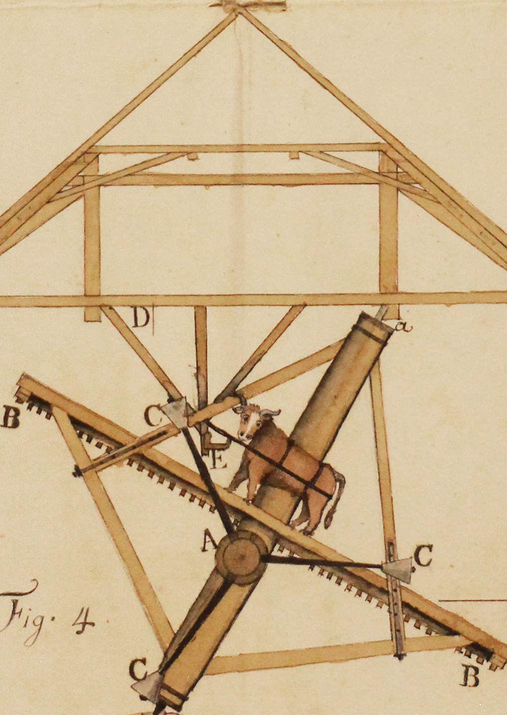 Concours sur le perfectionnement des moulins : dessin manuscrit couleur (1763, Ms 174, coll. Académie SBLA de Lyon)