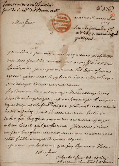 Lettre de remerciement de Voltaire à Jean-Pierre Christin, académicien : manuscrit (23/11/1745, Ms 263, coll. Académie SBLA de Lyon)