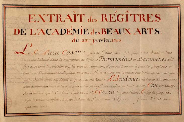 Attribution d'un certificat à M. Casati pour ses thermomètres et baromètres (25/01/1743, Ms 264, coll. Académie SBLA de Lyon)