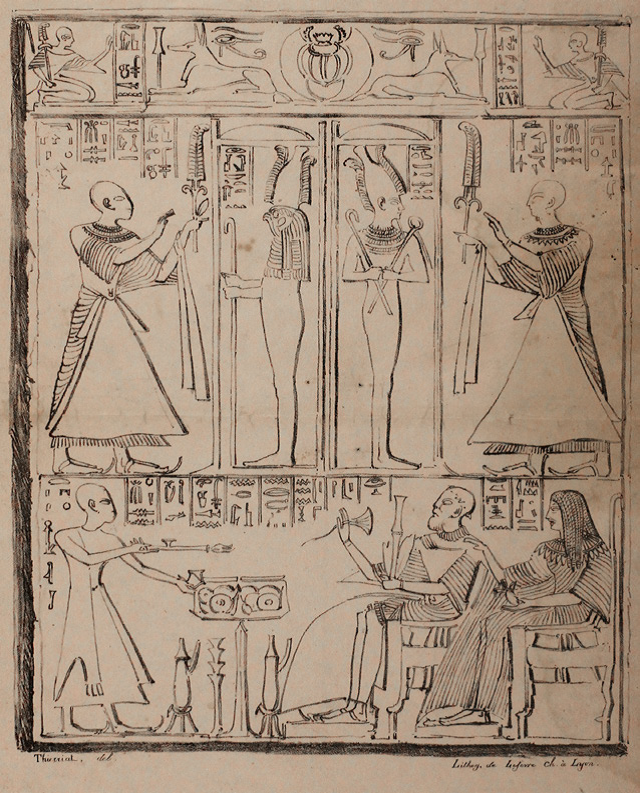Stèle funéraire égyptienne : lithogravure transmise à Champollion par Artaud, académicien (Ms 288, coll. Académie SBLA de Lyon)