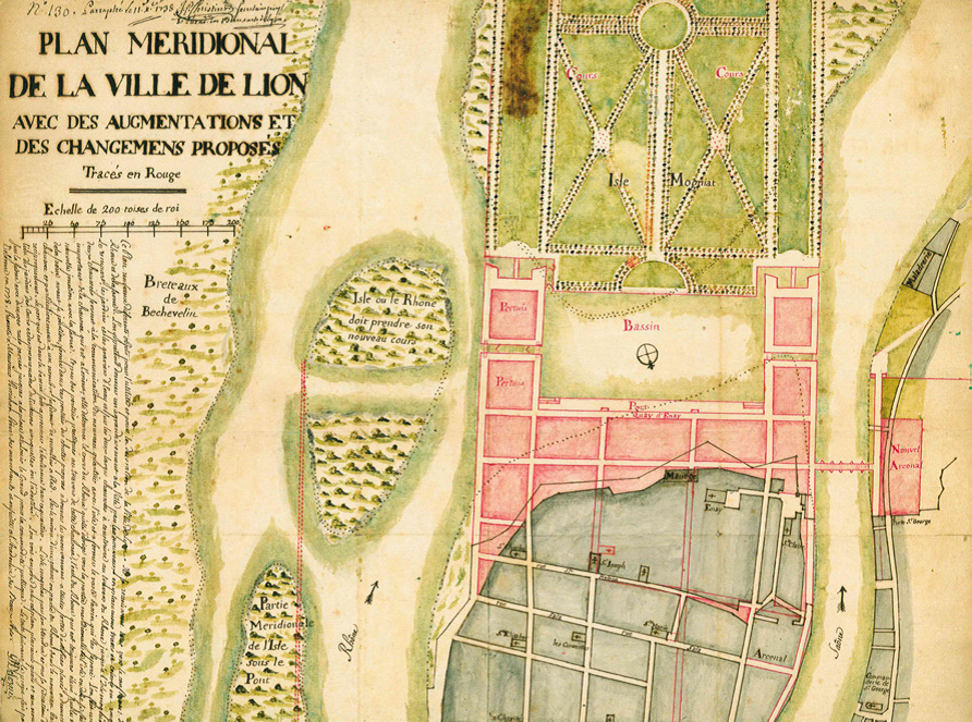 Projet de jonction de l'île Mogniat à la presqu'île : plan manuscrit par Guillaume Maire Delorme, académicien (11/12/1738, Ms 307, coll. Académie SBLA de Lyon)