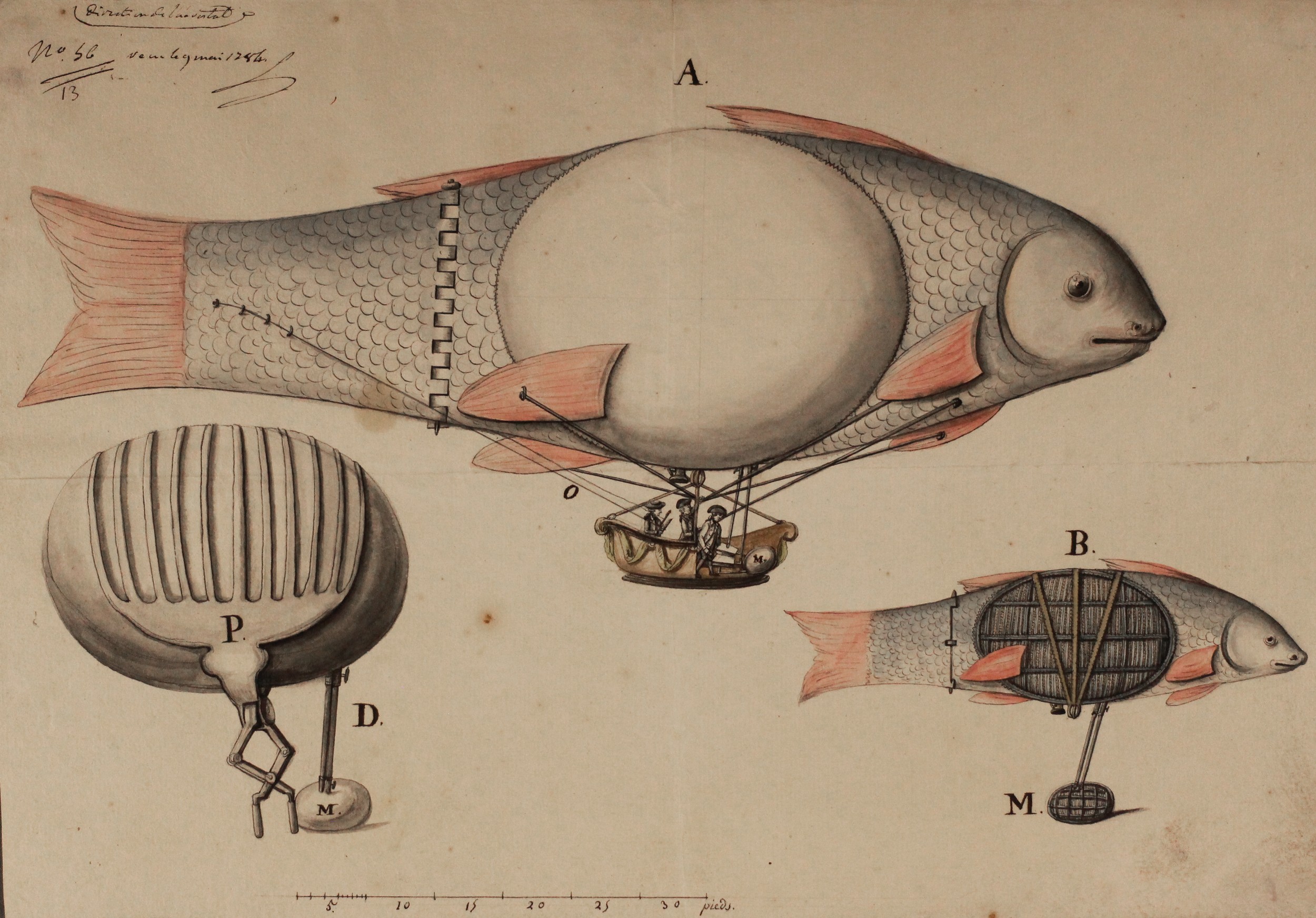 Concours pour diriger les machines aérostatiques : dessin manuscrit couleur (1784-1785, ms 233-2, coll. Académie SBLA de Lyon)