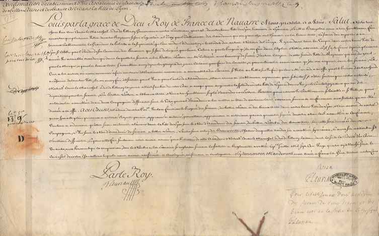 Lettres patentes de Louis XV pour l'établissement d'une Académie des beaux-arts à Lyon : manuscrit sur parchemin (08/1724, 6D 1/1, Archives du Rhône)