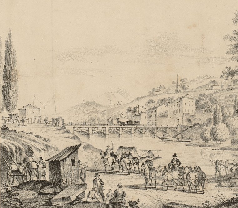 Chemin de fer à la Mulatière, Pierre-Bénite et Givors : lithographie NB par Beraud (vers 1830, cote : 2S/564, détail)