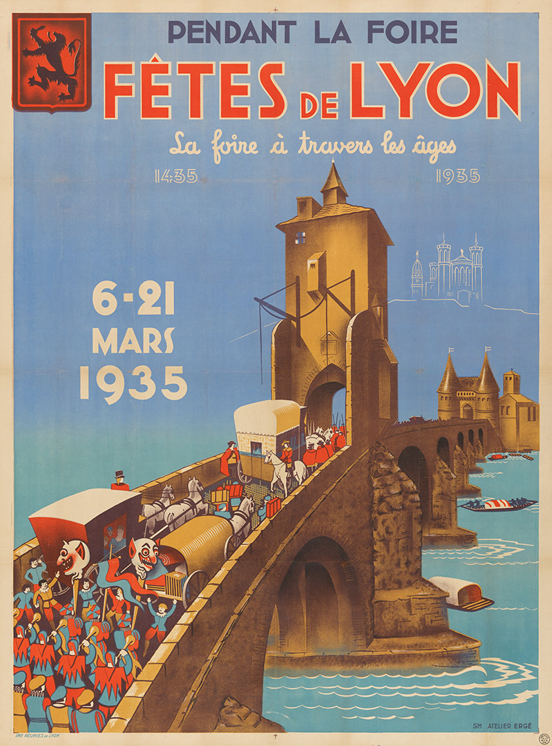 Affiche représentant des forains qui traversent le pont du Rhône - 1935 - 7fi3508