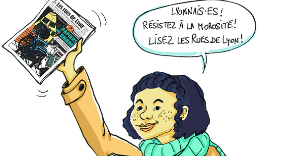 Dessin d'une femme tenant un numéro des "Rues de Lyon"