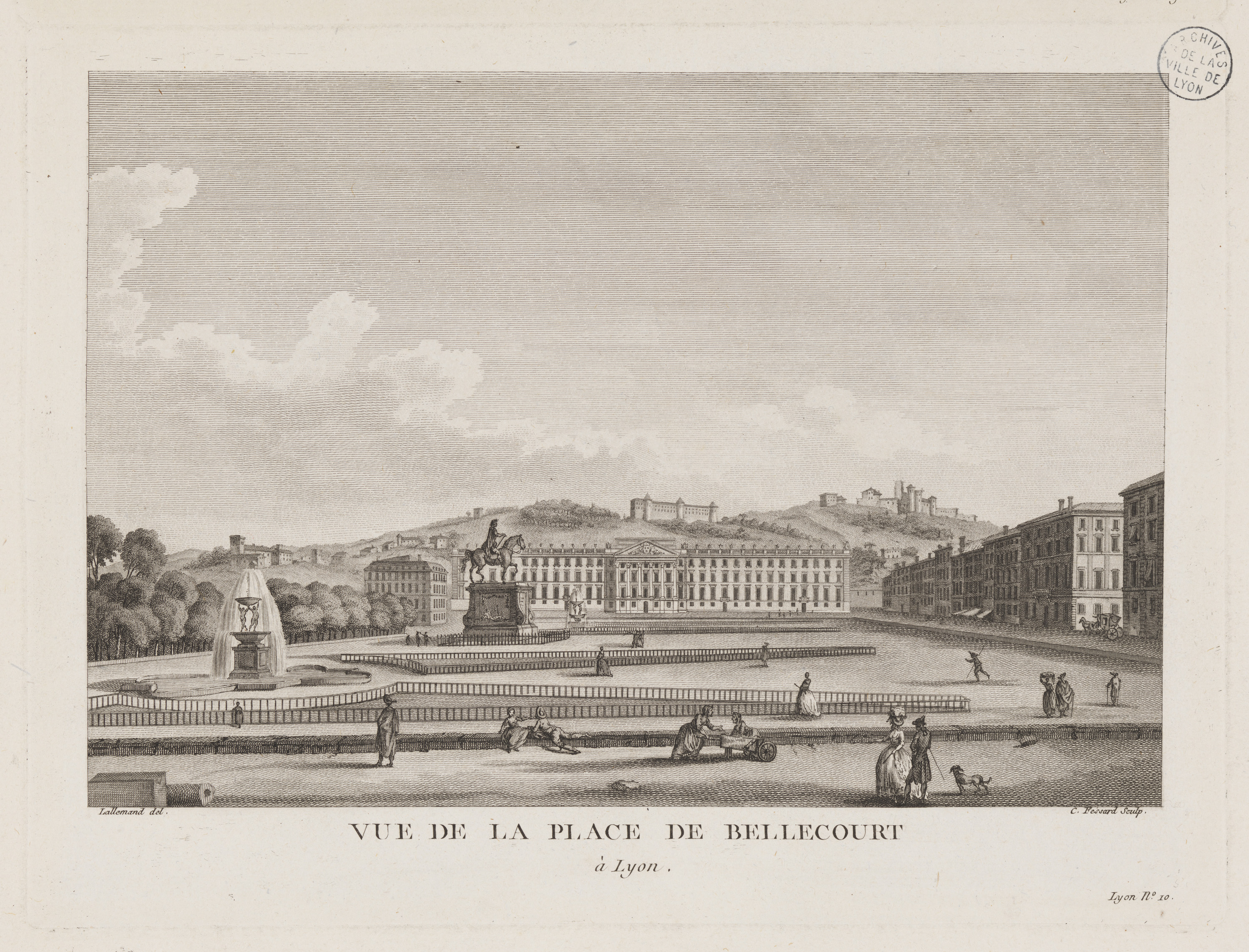 Vue de la place Bellecourt à Lyon : gravure NB par JB Lallemand et M. Fessard (1786, cote : 16FI/742/8)