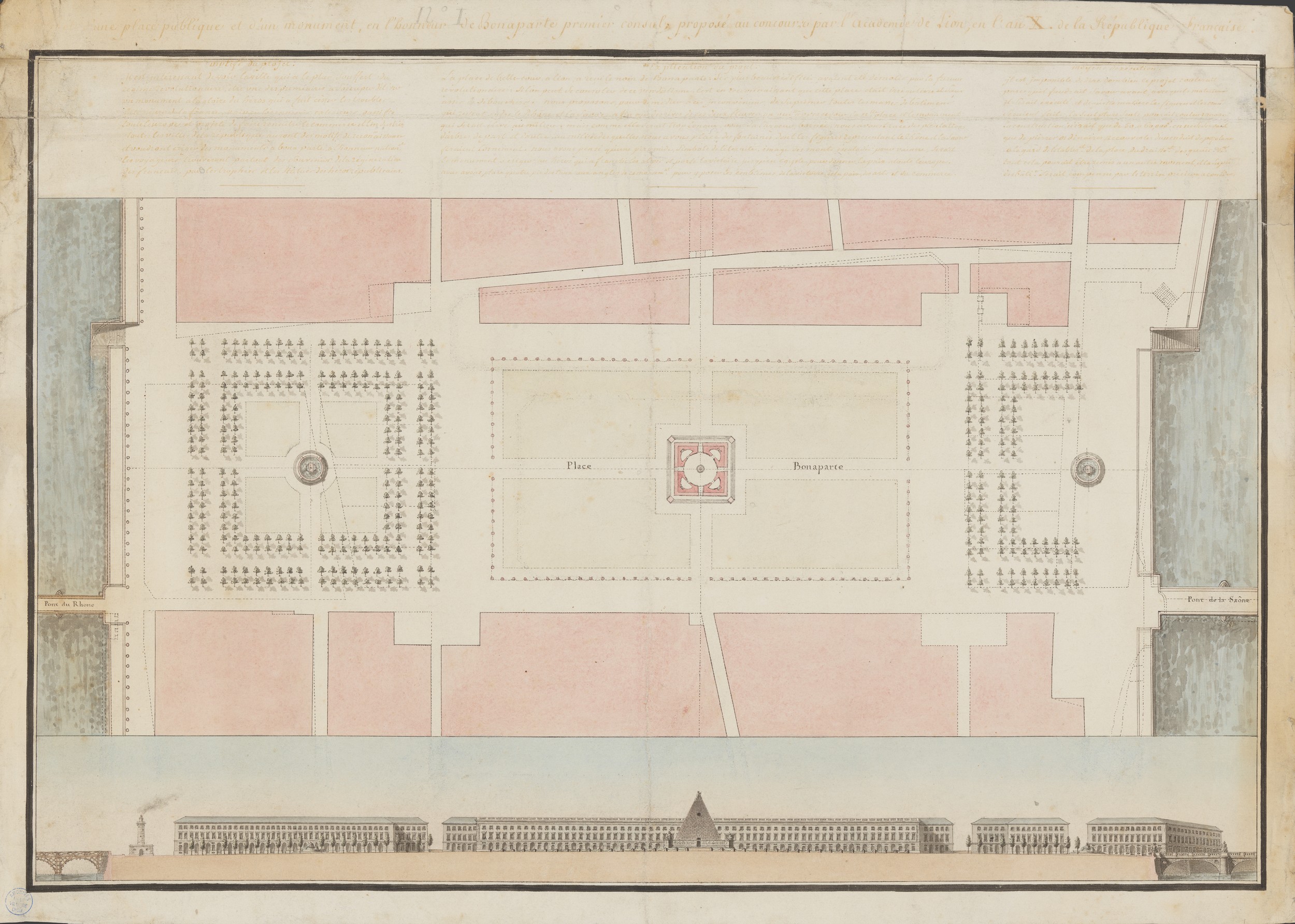 Projet d'une place publique et d'un monument, en l'honneur de Bonaparte premier consul : plan manuscrit couleur par Cochet (1801-1802, cote : 17FI/147)