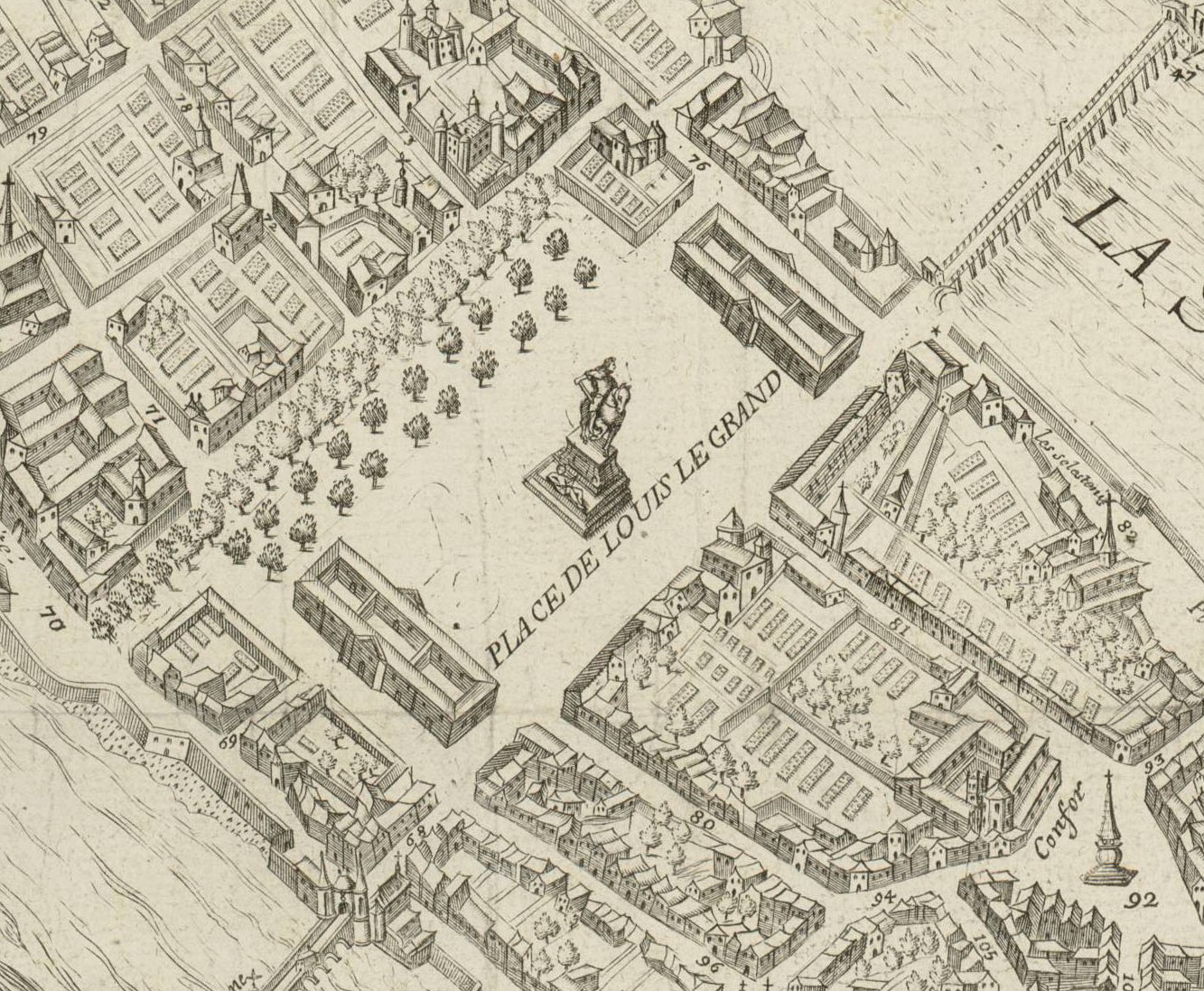 Description au naturel de la Ville de Lyon : plan gravé par Simon Maupin (3e édition, 1714, cote : 1S/171, détail)
